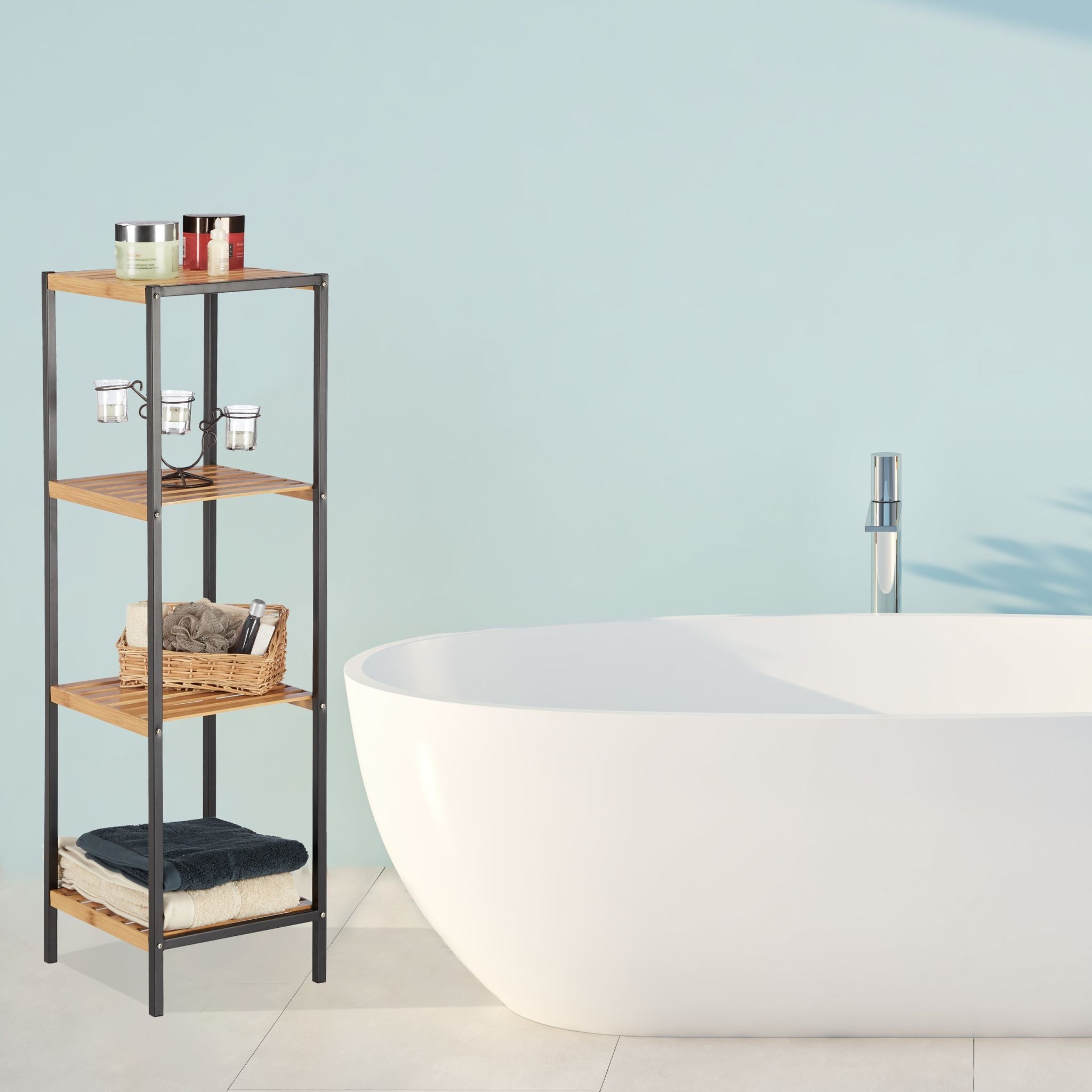 Quadratisches Regal Bambus und Stahl Hellbraun-Schwarz von Relaxdays