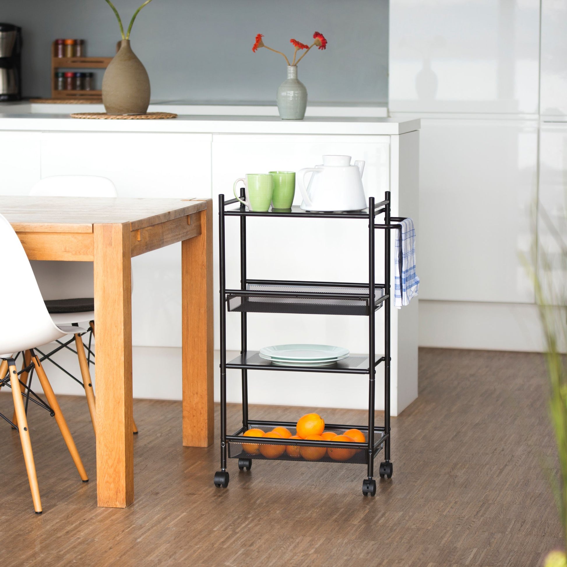 Rollregal schmal mit 4 Ablagen Schwarz von Relaxdays