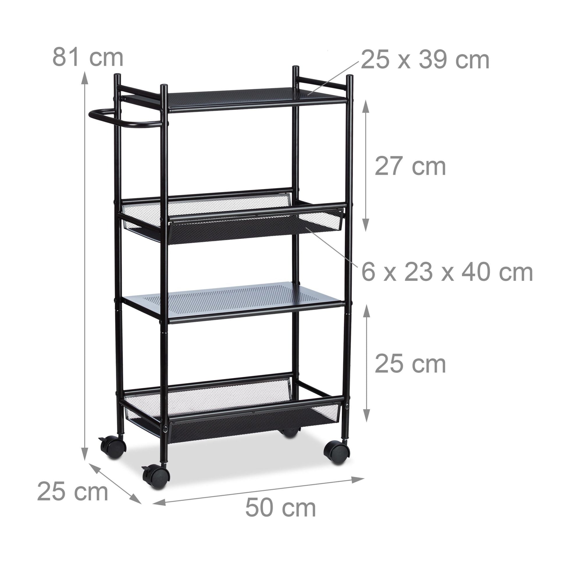Rollregal schmal mit 4 Ablagen Schwarz von Relaxdays
