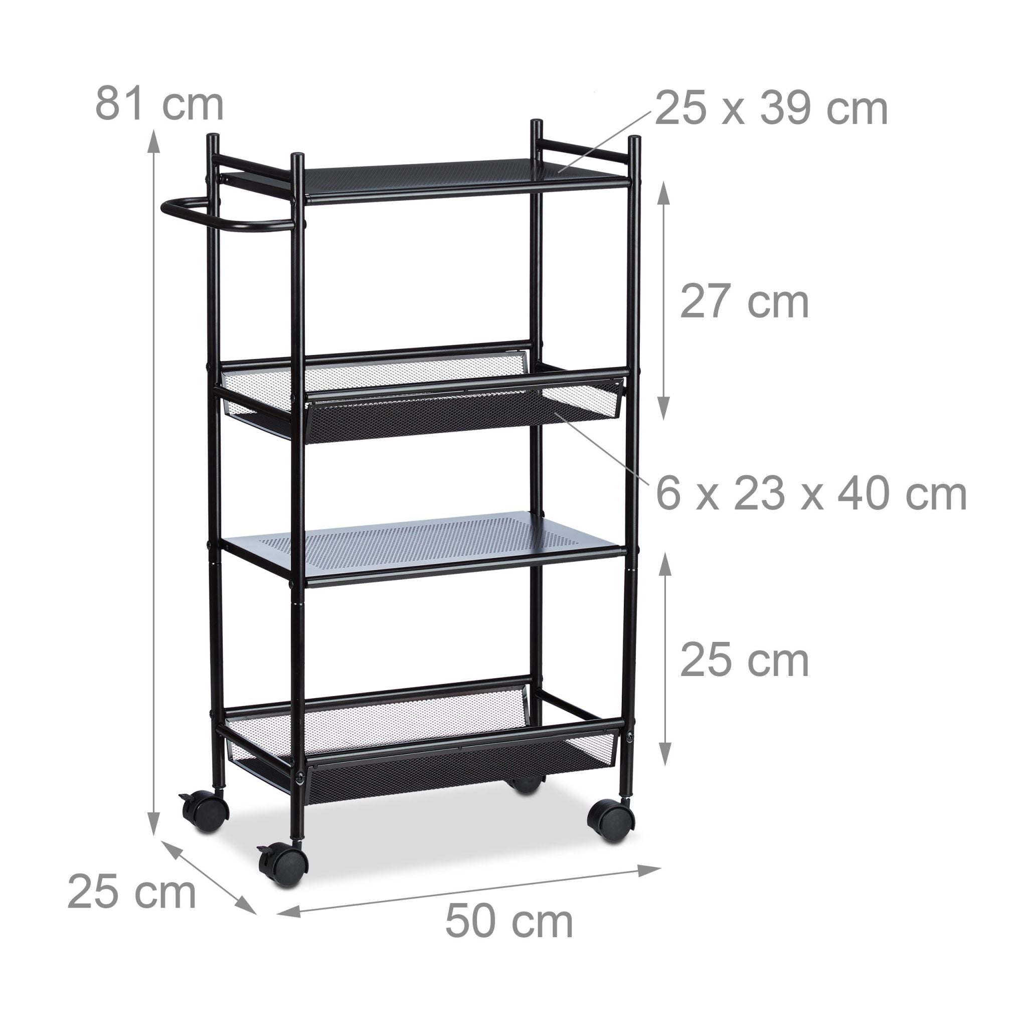 Rollregal schmal mit 4 Ablagen Schwarz von Relaxdays