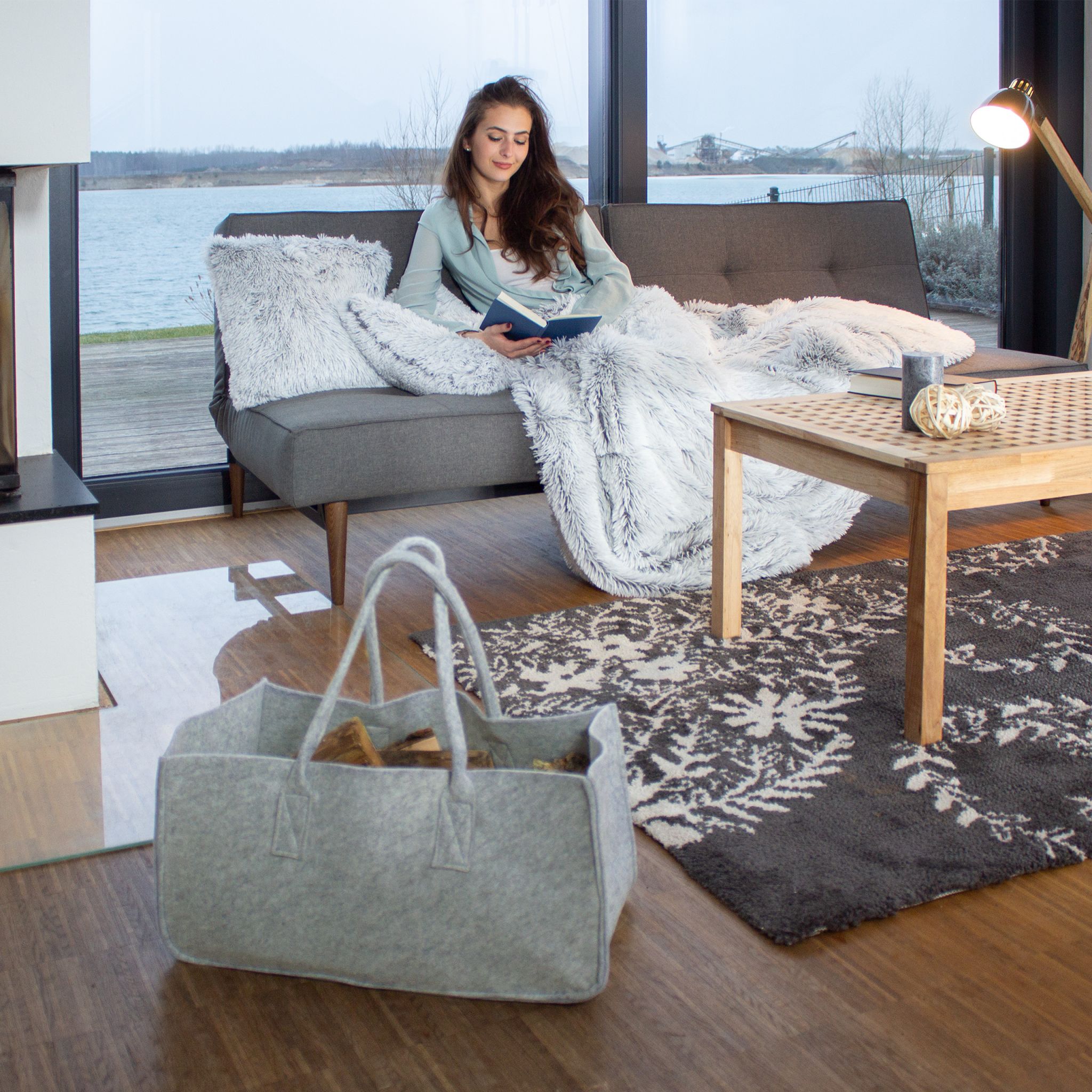 Kaminholztasche Filz Grau von Relaxdays