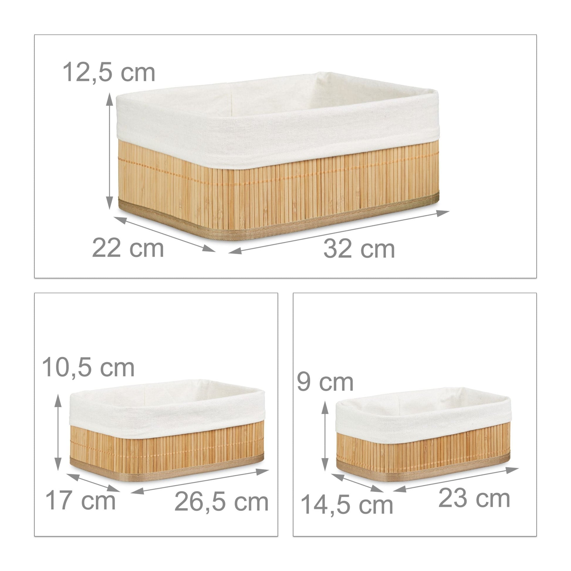 Regalkorb Set Bambus dreiteilig Weiss-Hellbraun von Relaxdays