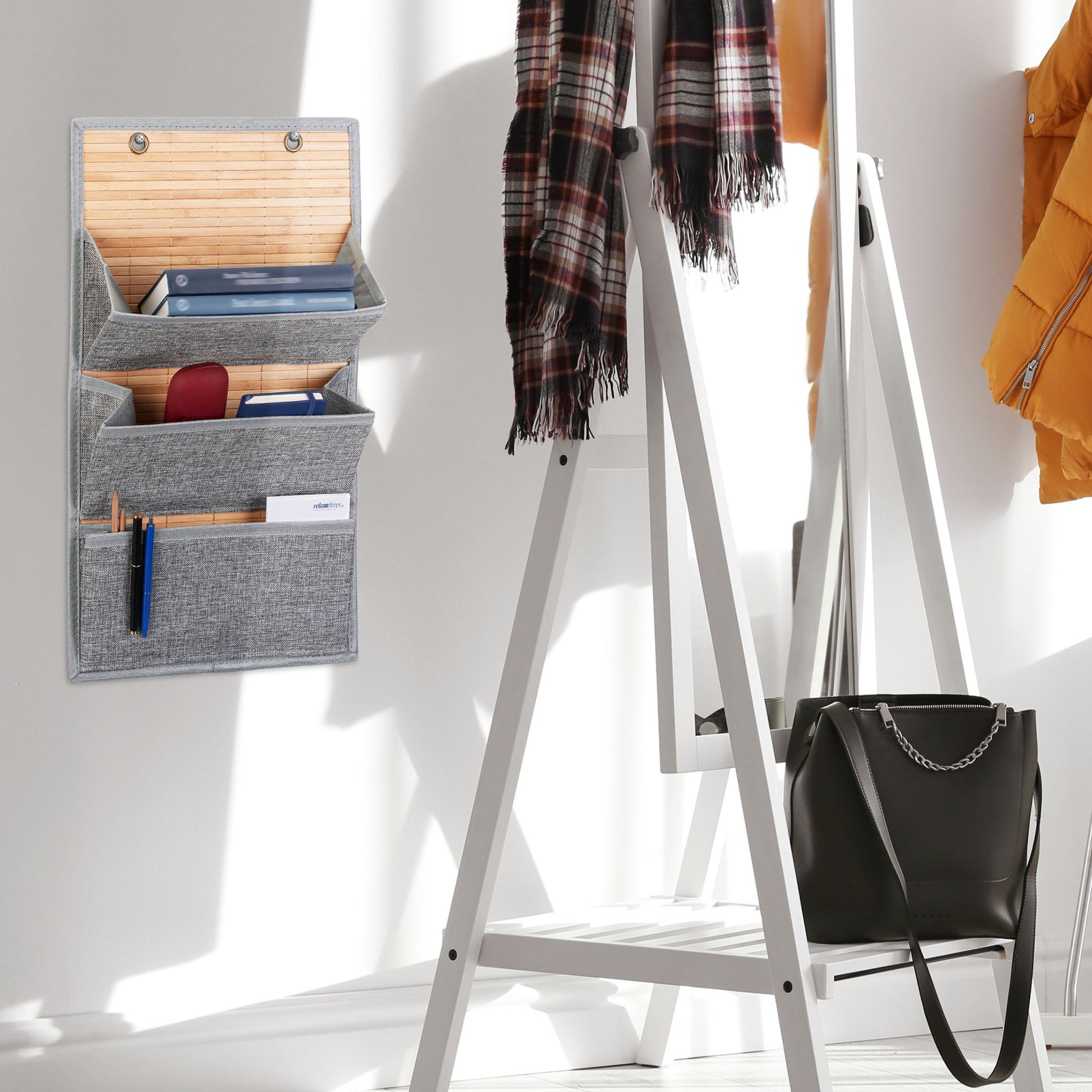 Wandorganizer Bambus für Büro und Flur Hellbraun-Grau von Relaxdays