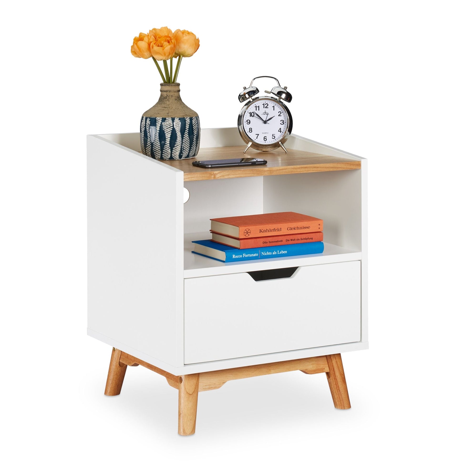 Nachttisch weiss mit 1 Schublade Weiss-Hellbraun von Relaxdays