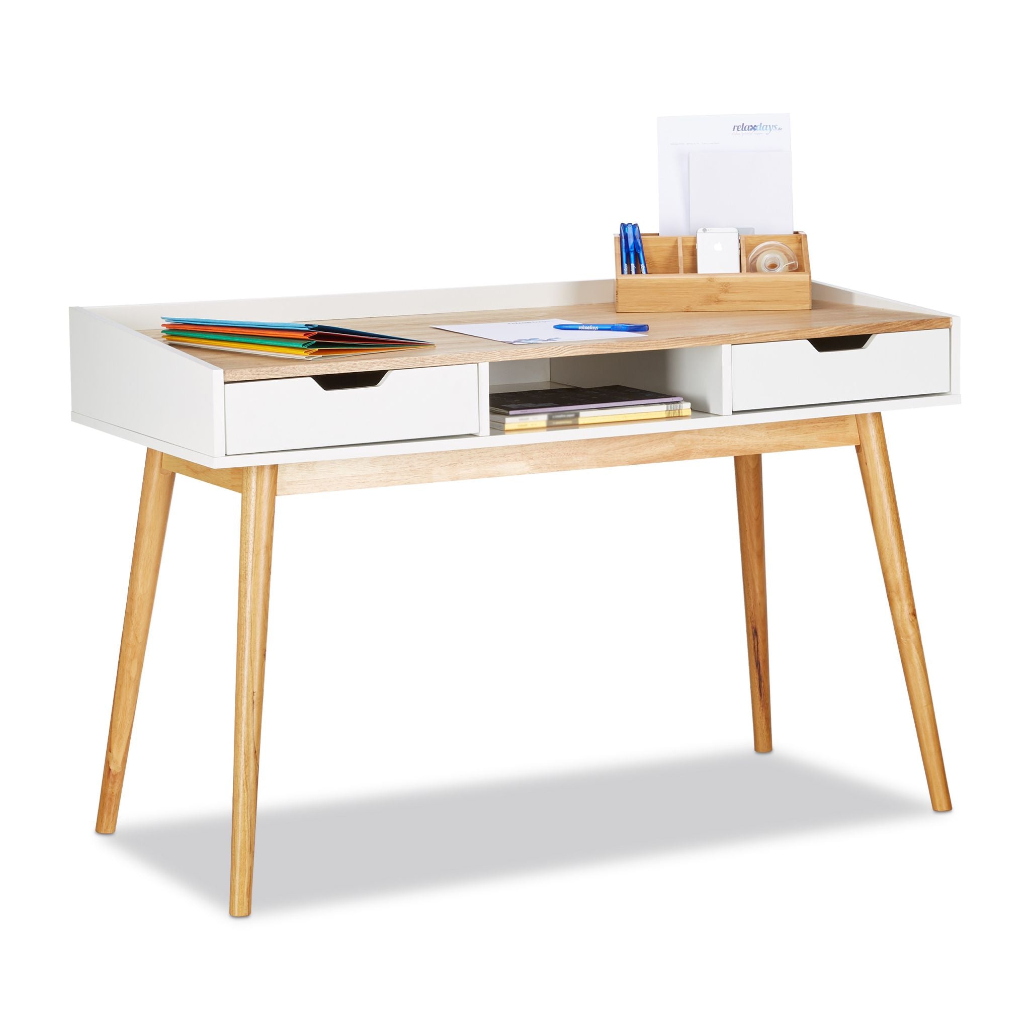 Schreibtisch 2 Schubladen Weiss-Hellbraun von Relaxdays