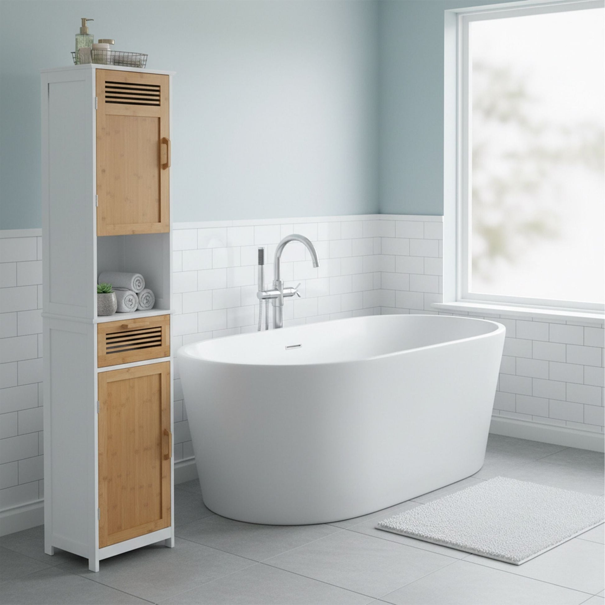 Badschrank hoch Weiss-Hellbraun von Relaxdays
