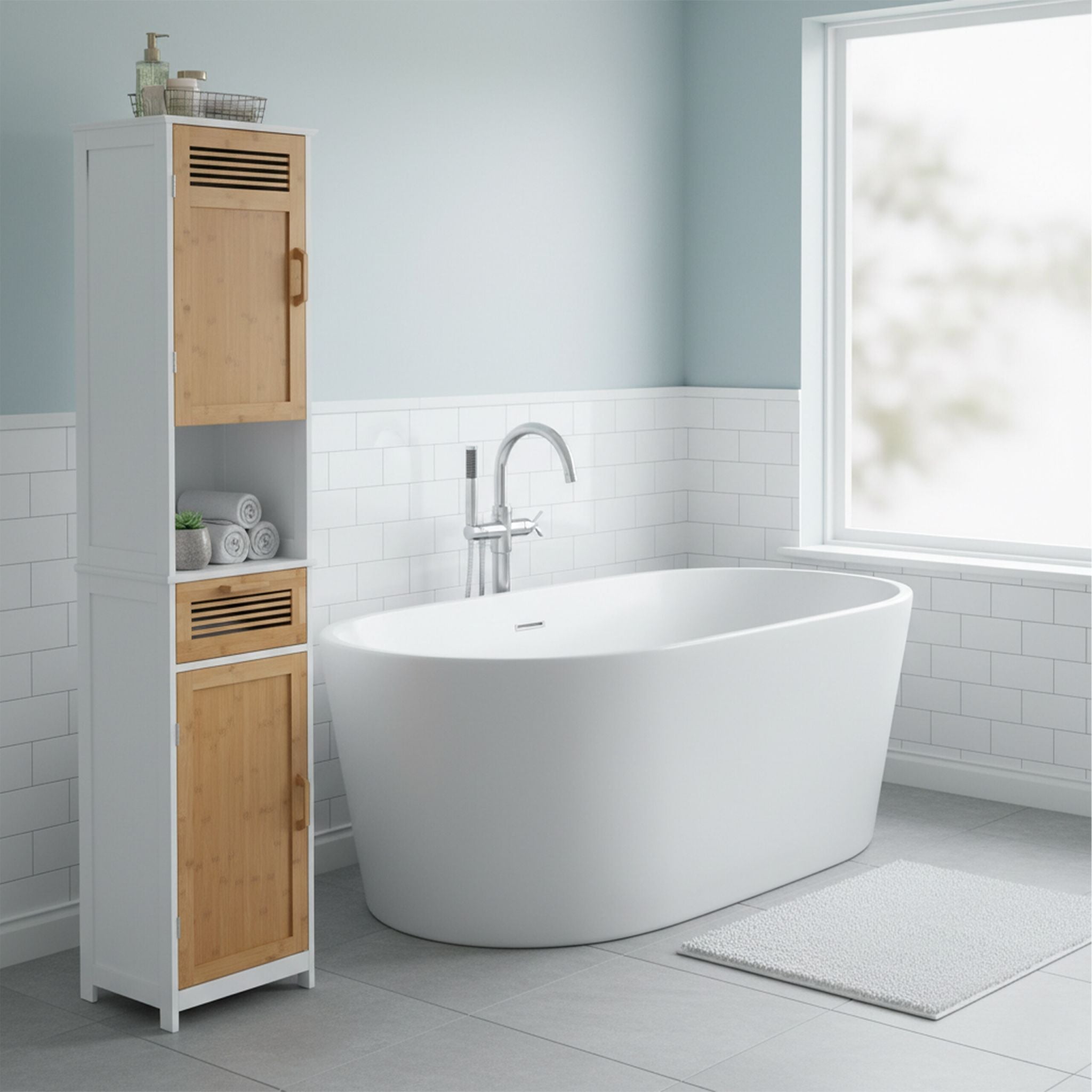 Badschrank hoch Weiss-Hellbraun von Relaxdays