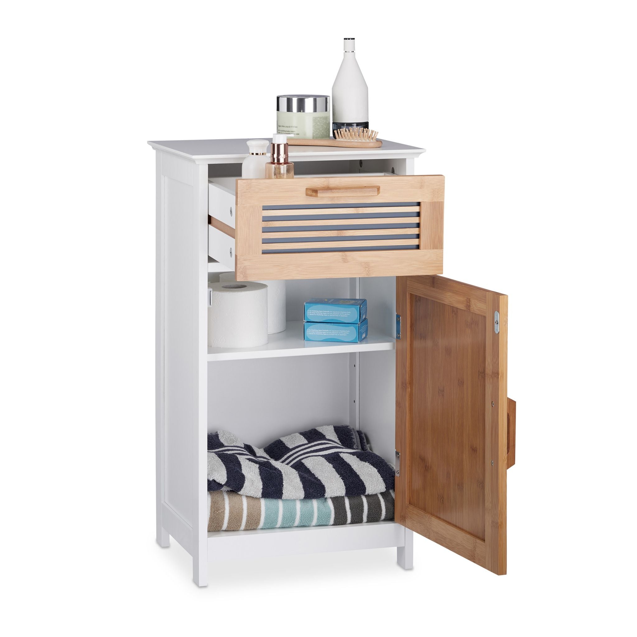 Badschrank schmal mit Schublade Weiss-Hellbraun von Relaxdays