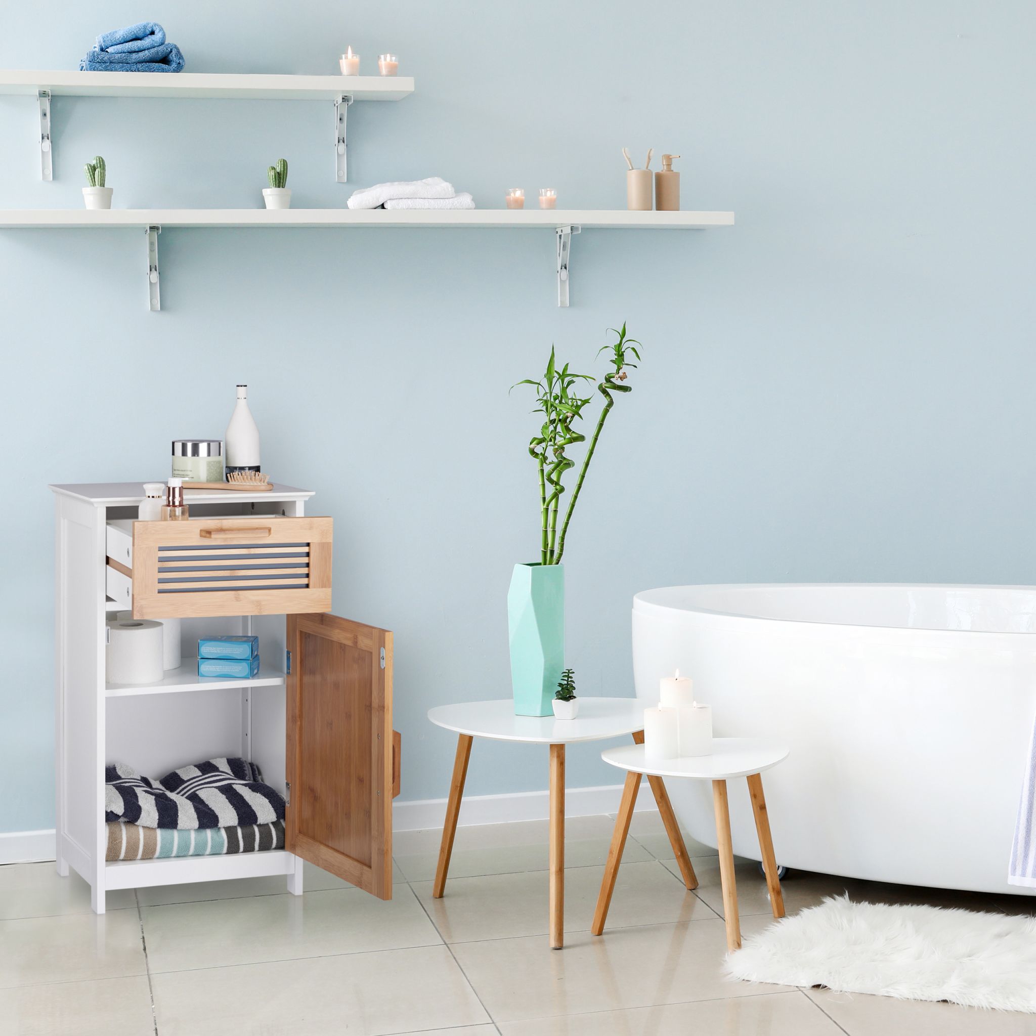 Badschrank schmal mit Schublade Weiss-Hellbraun von Relaxdays