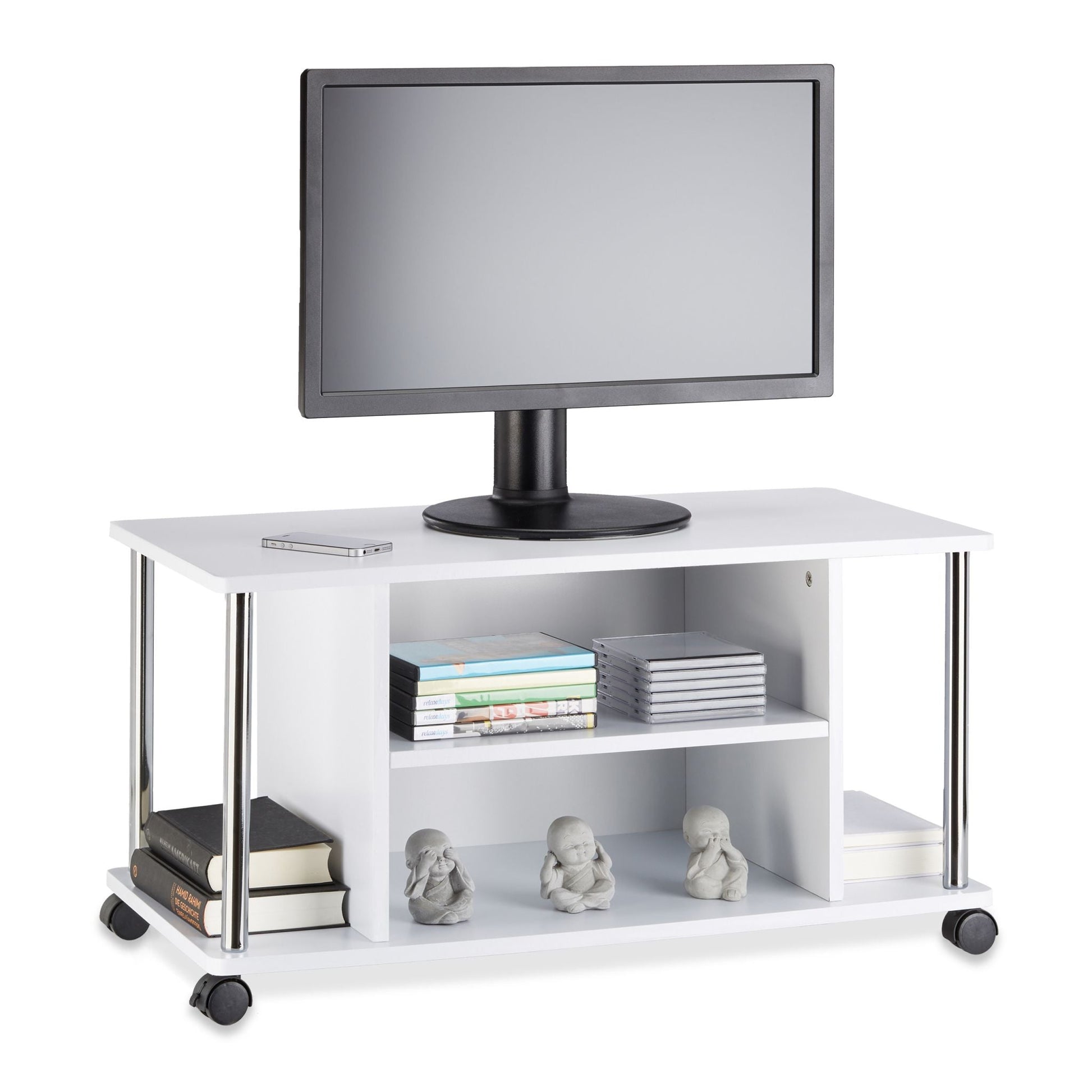 Fernsehtisch weiss mit Rollen Weiss-Schwarz-Silber von Relaxdays