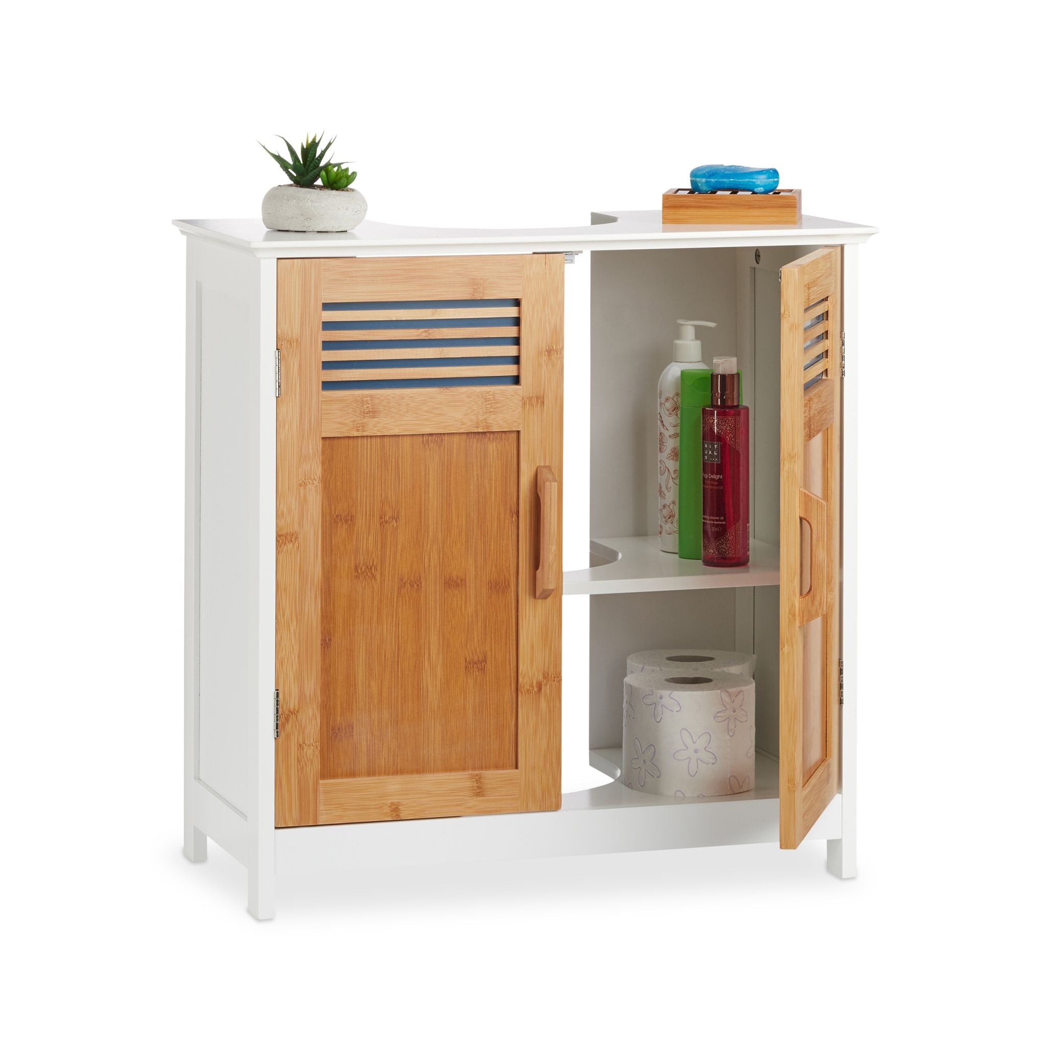 Waschbeckenunterschrank mit Bambustüren Weiss-Hellbraun von Relaxdays