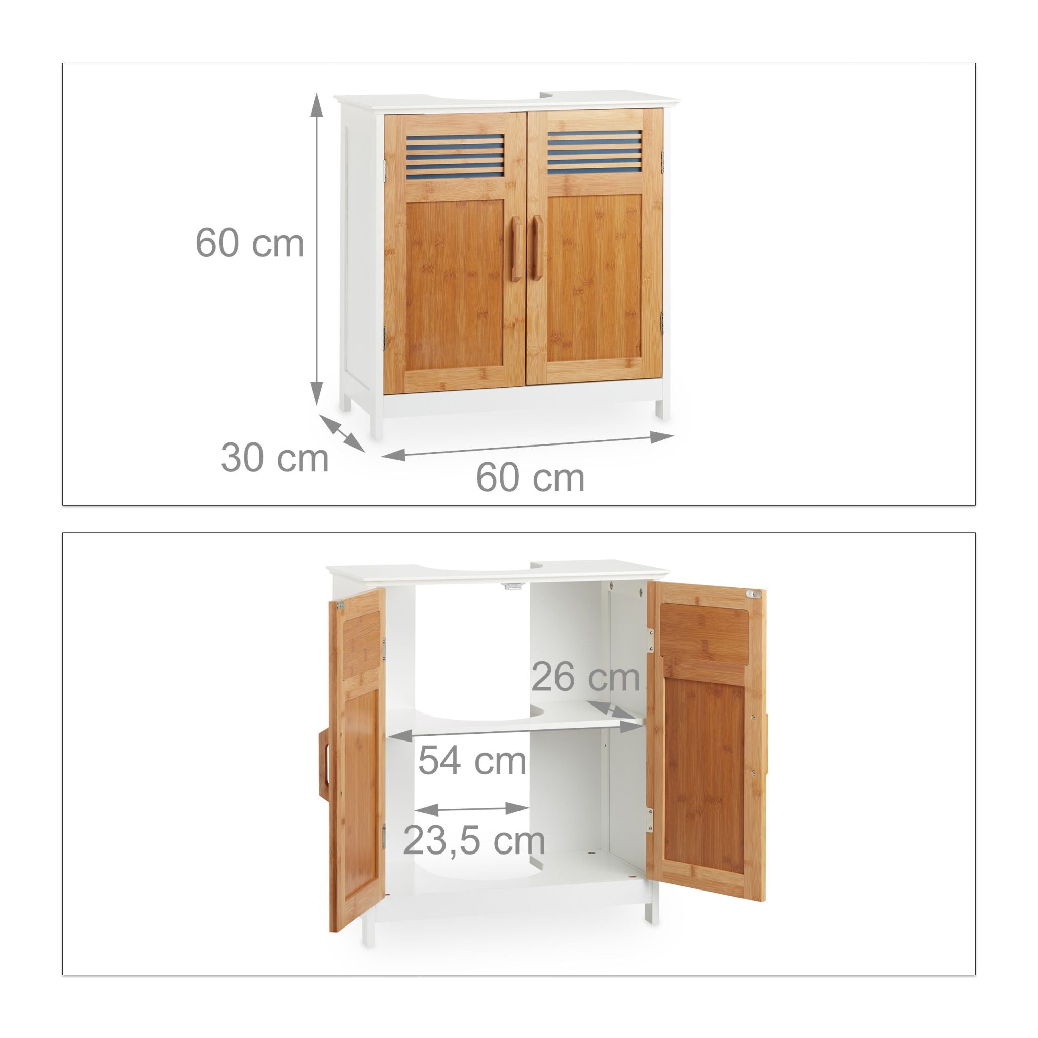 Waschbeckenunterschrank mit Bambustüren Weiss-Hellbraun von Relaxdays