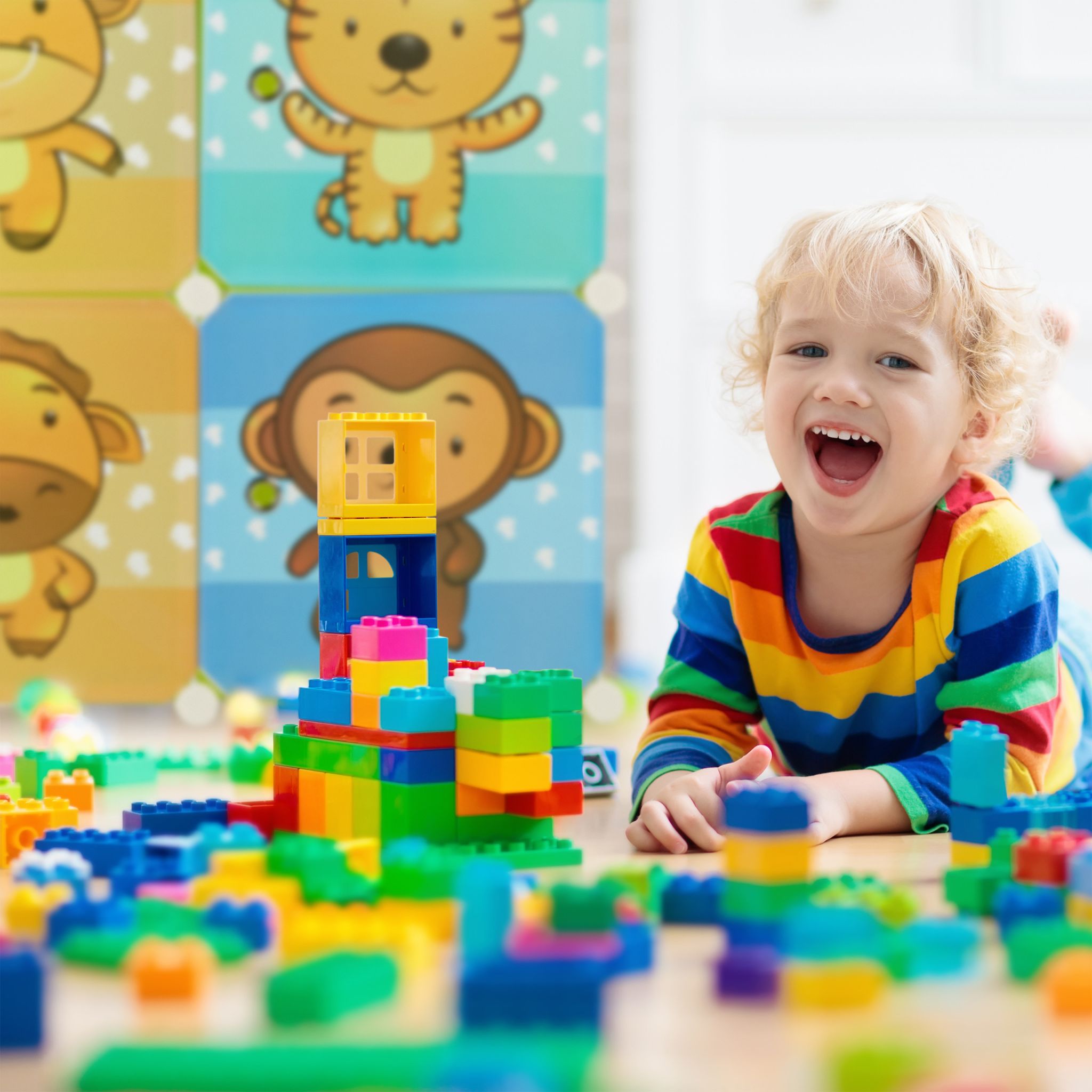 Kinderregal Stecksystem Grün-Hellblau-Hellbraun von Relaxdays