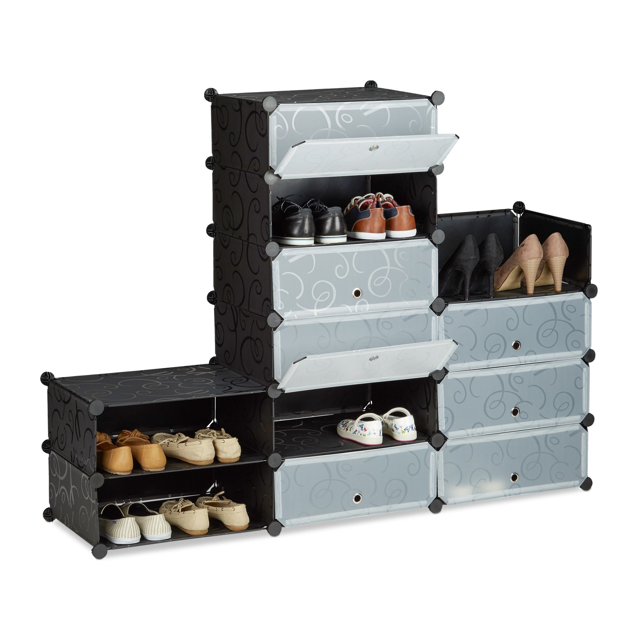 Schuhschrank mit 12 Fächern Schwarz-Silber-Transparent von Relaxdays