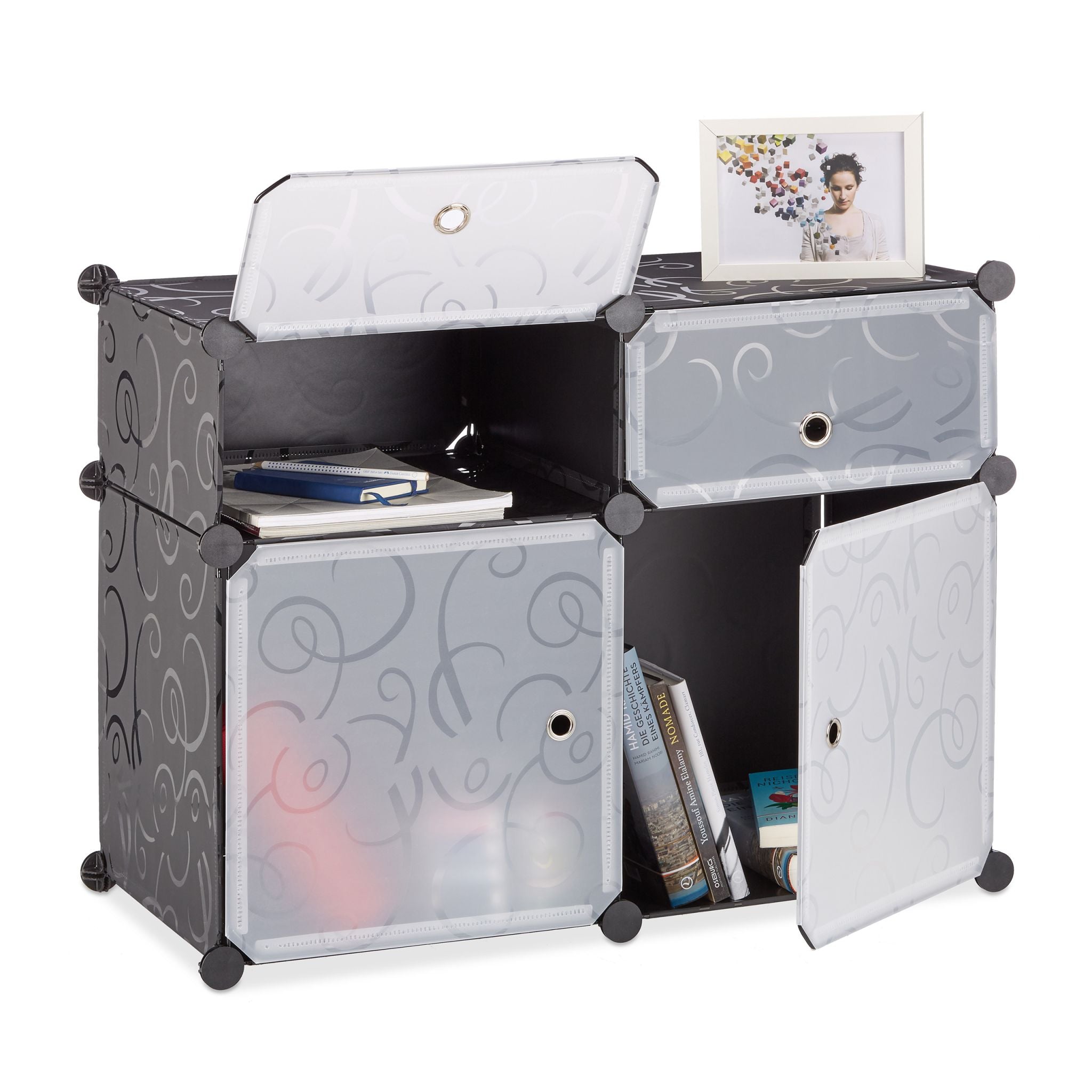 Regalsystem 4 Fächer Schwarz-Silber-Transparent von Relaxdays