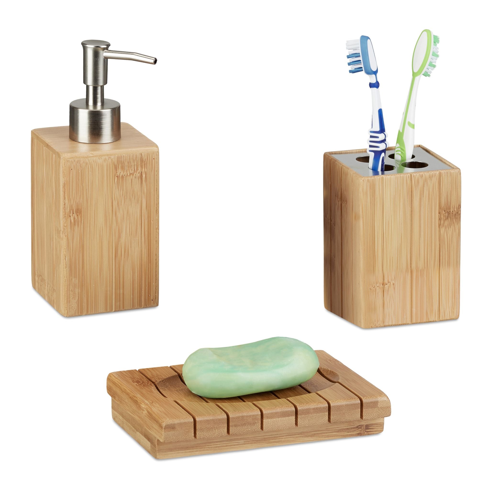 Badaccessoires Bambus 3er-Set Hellbraun-Silber von Relaxdays