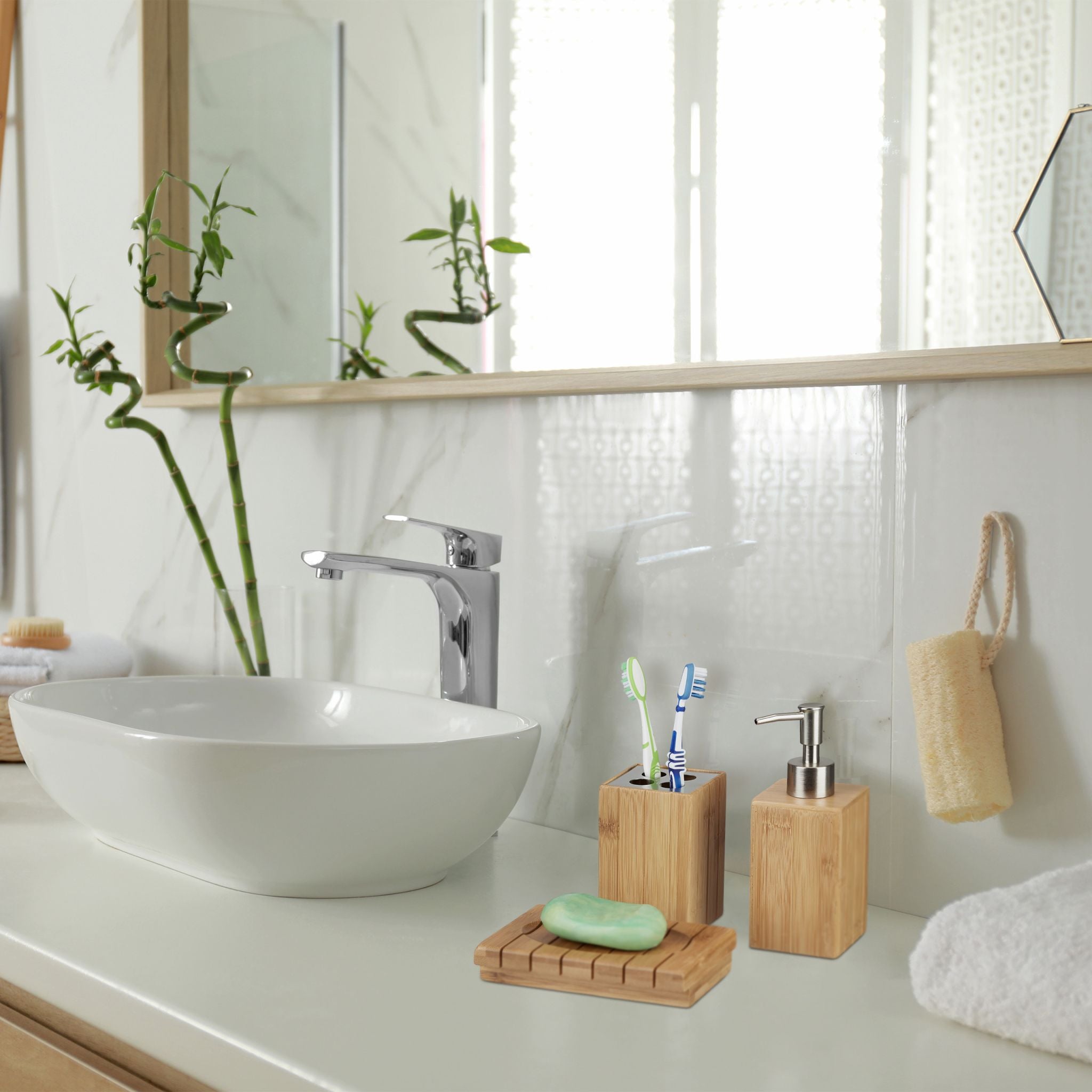 Badaccessoires Bambus 3er-Set Hellbraun-Silber von Relaxdays