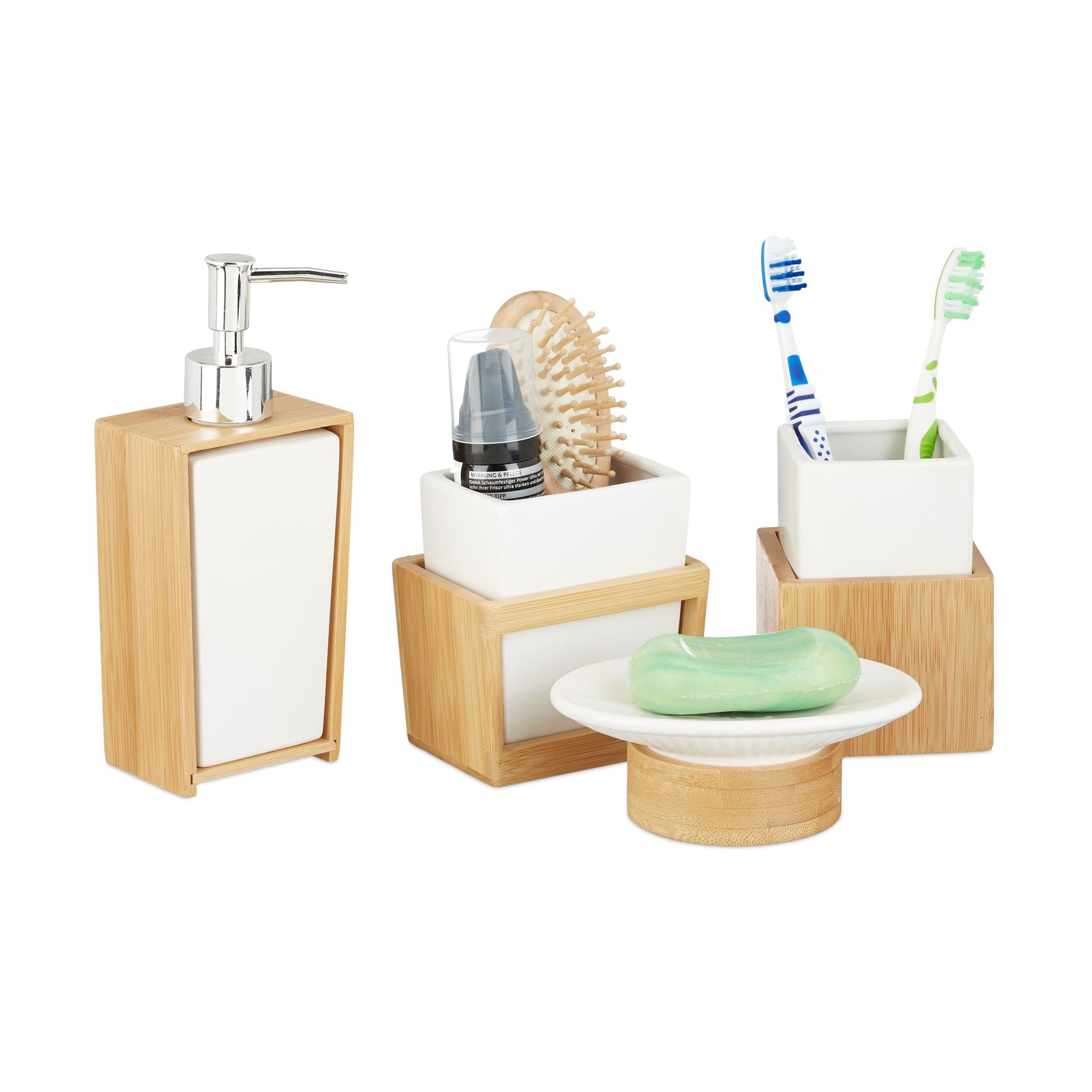 Badezimmer-Set Bambus und Keramik Weiss-Hellbraun-Silber von Relaxdays