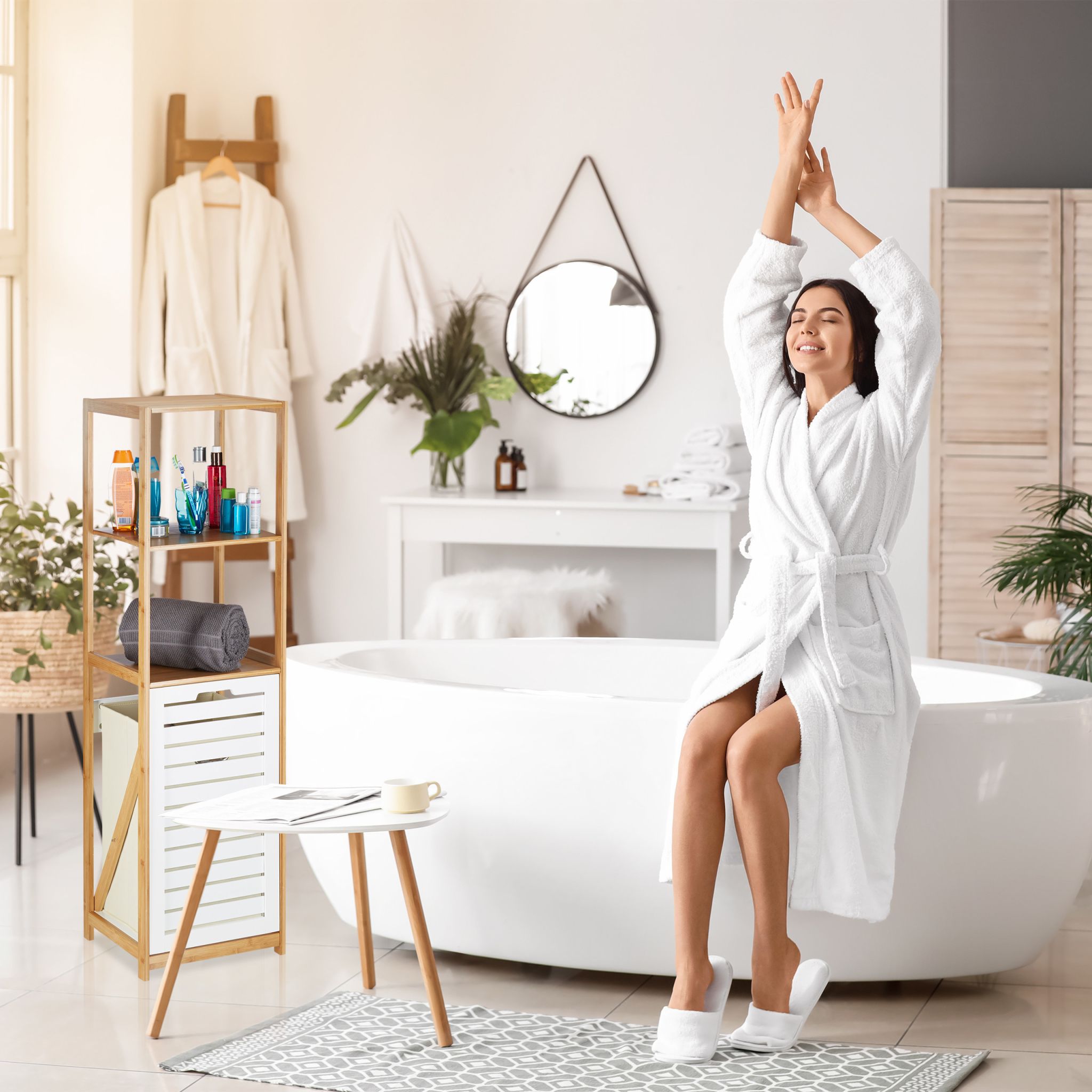 Badregal mit Wäschekorb Weiss-Creme-Hellbraun von Relaxdays