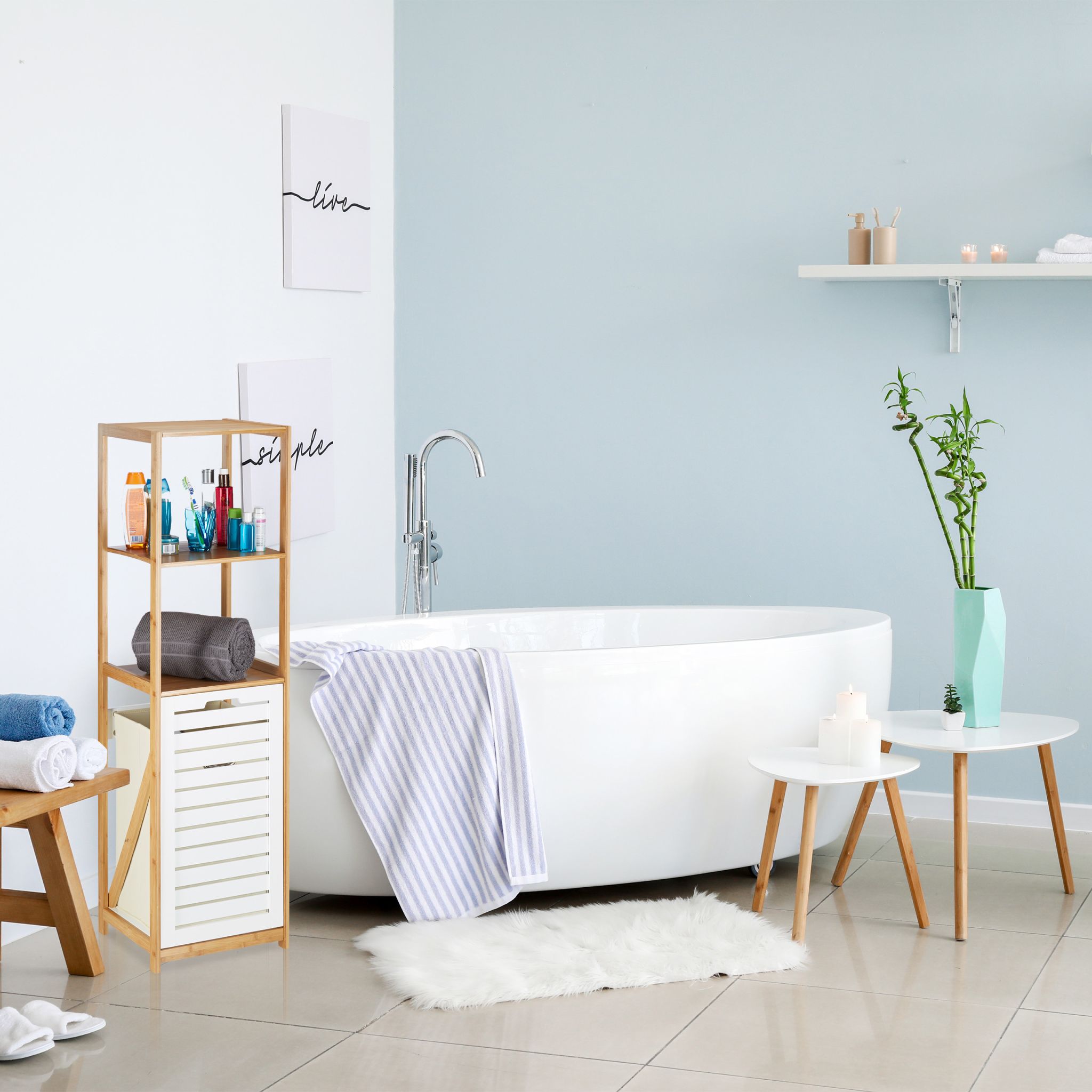 Badregal mit Wäschekorb Weiss-Creme-Hellbraun von Relaxdays