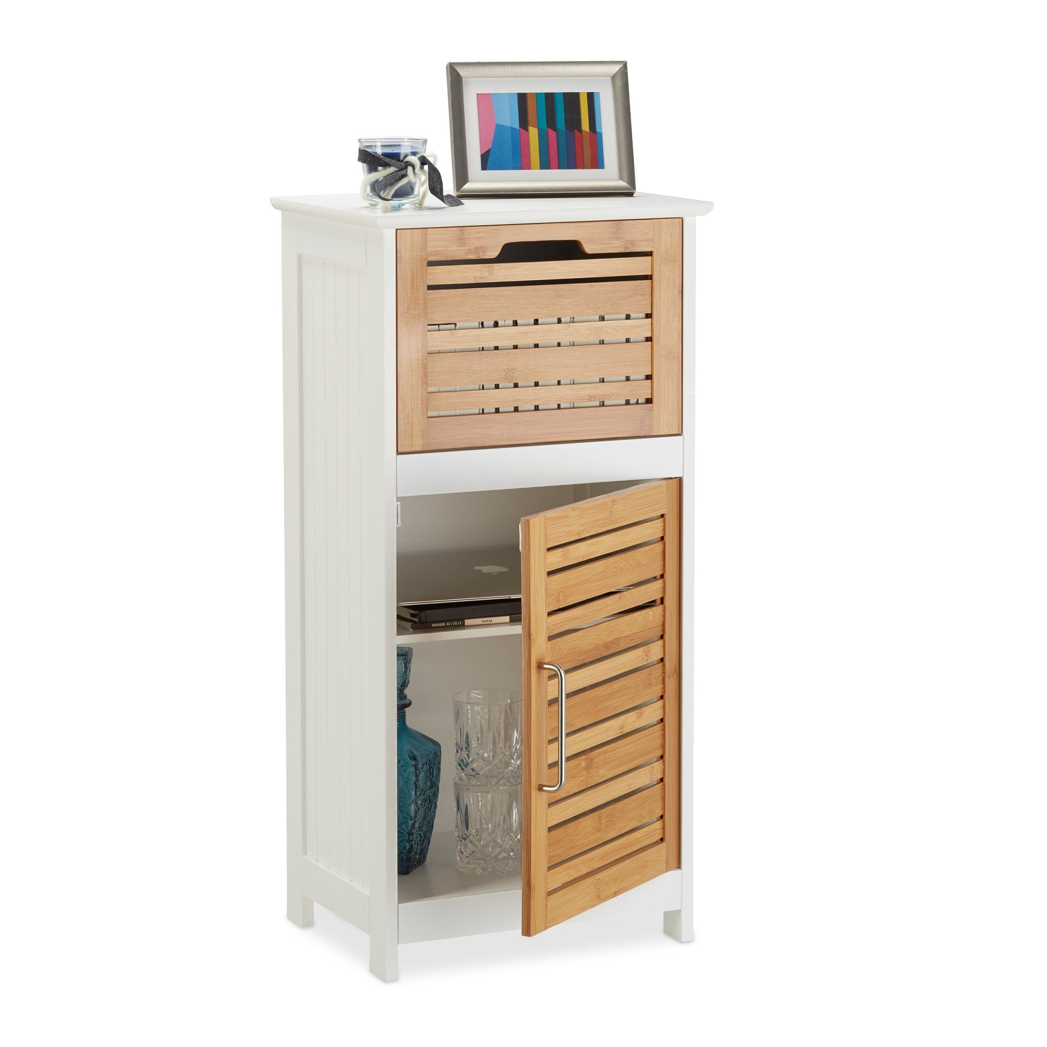 Beistellschrank Bambus in Weiss Weiss-Hellbraun von Relaxdays