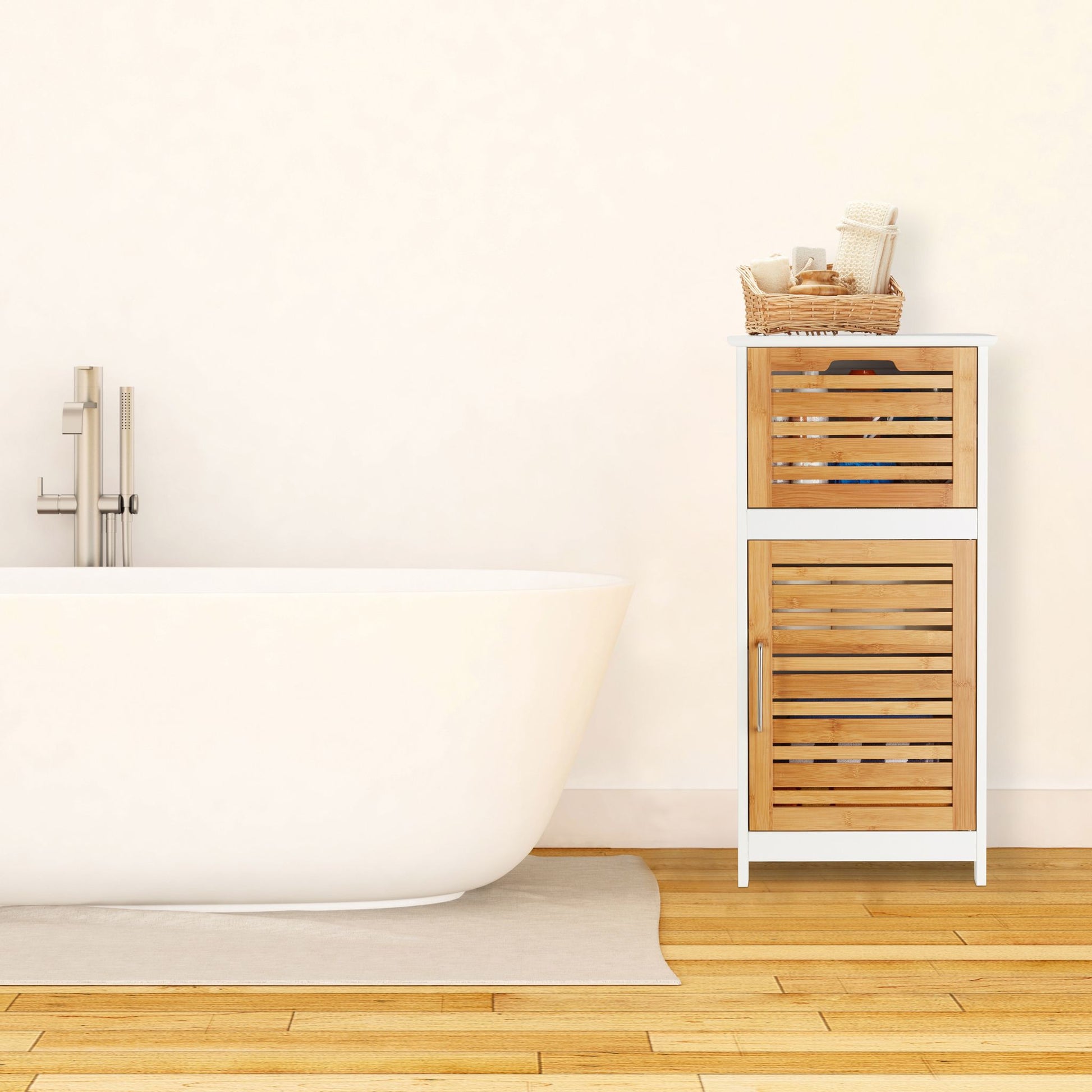 Beistellschrank Bambus in Weiss Weiss-Hellbraun von Relaxdays