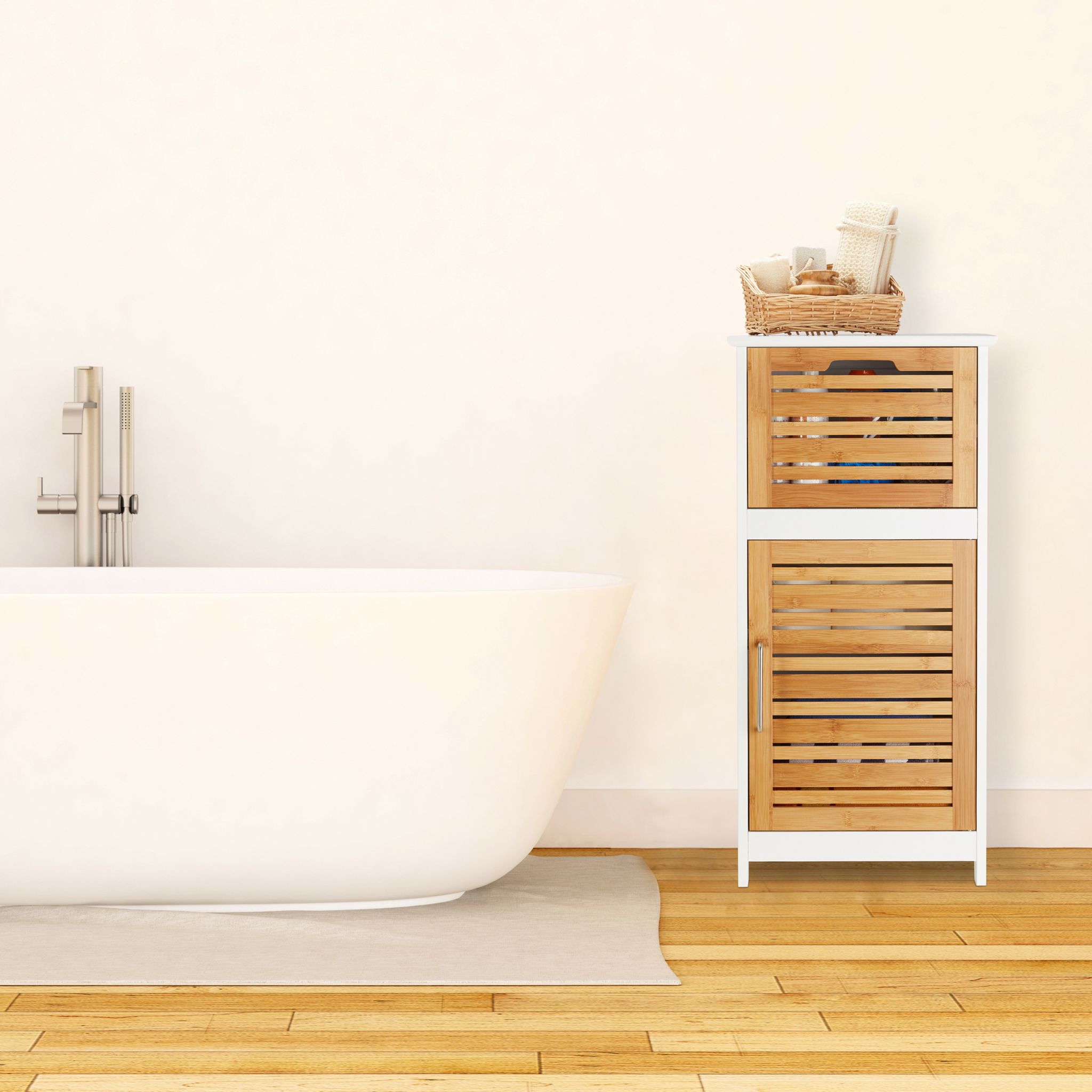 Beistellschrank Bambus in Weiss Weiss-Hellbraun von Relaxdays