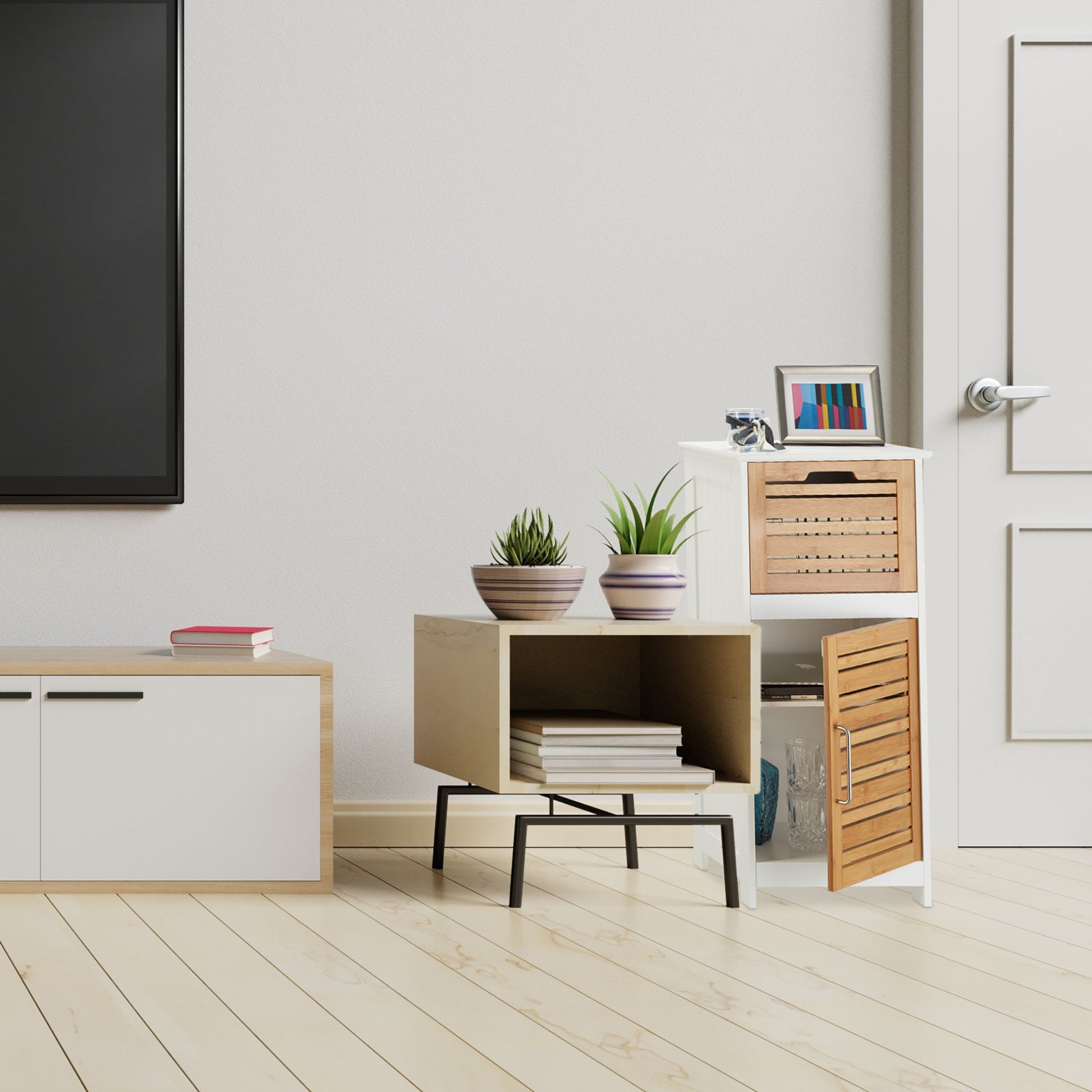 Beistellschrank Bambus in Weiss Weiss-Hellbraun von Relaxdays