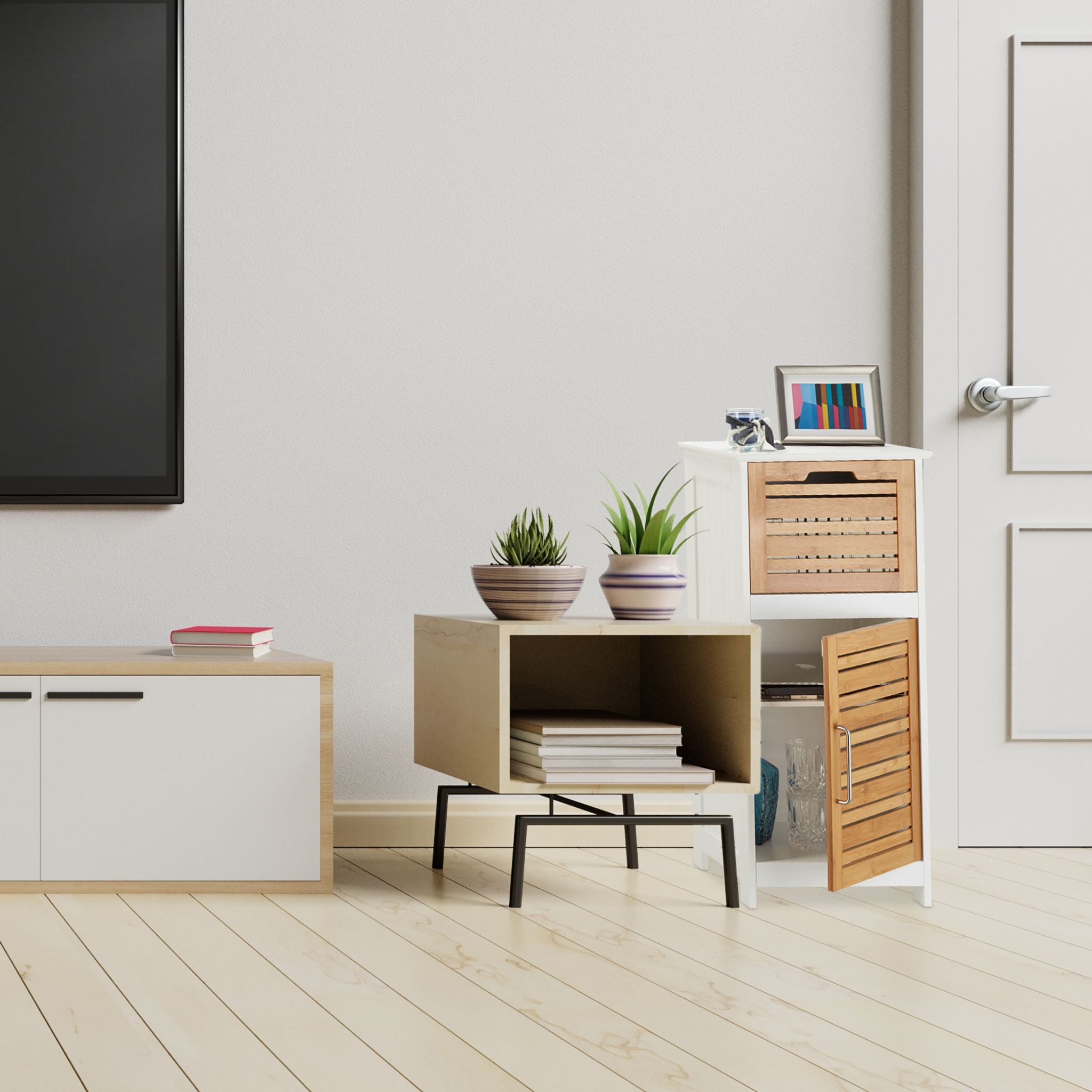 Beistellschrank Bambus in Weiss Weiss-Hellbraun von Relaxdays