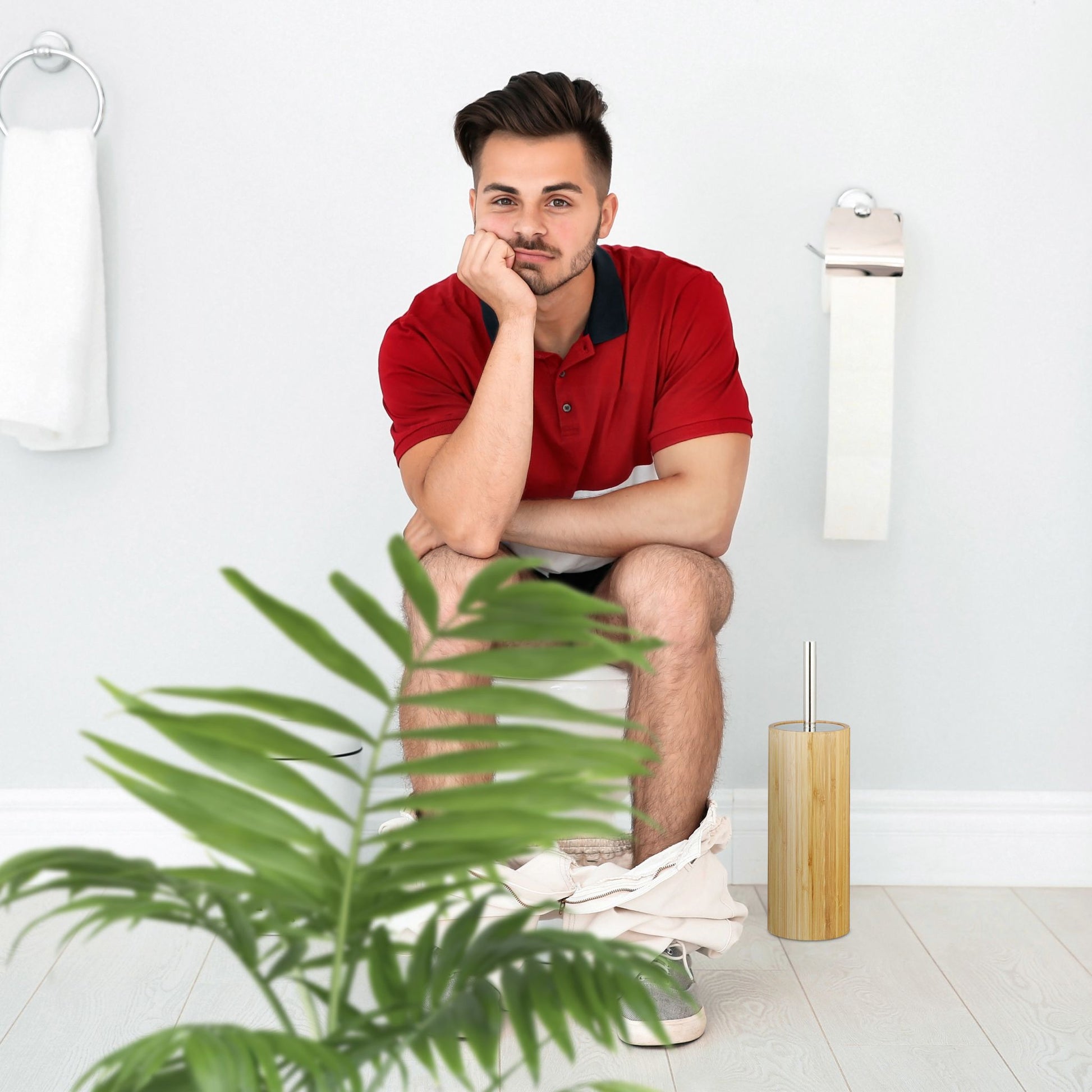 WC-Bürstenhalter Bambus Weiss-Hellbraun-Silber von Relaxdays