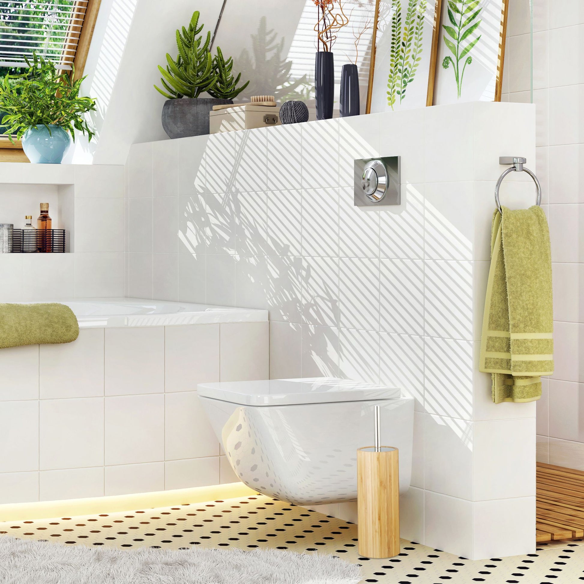 WC-Bürstenhalter Bambus Weiss-Hellbraun-Silber von Relaxdays