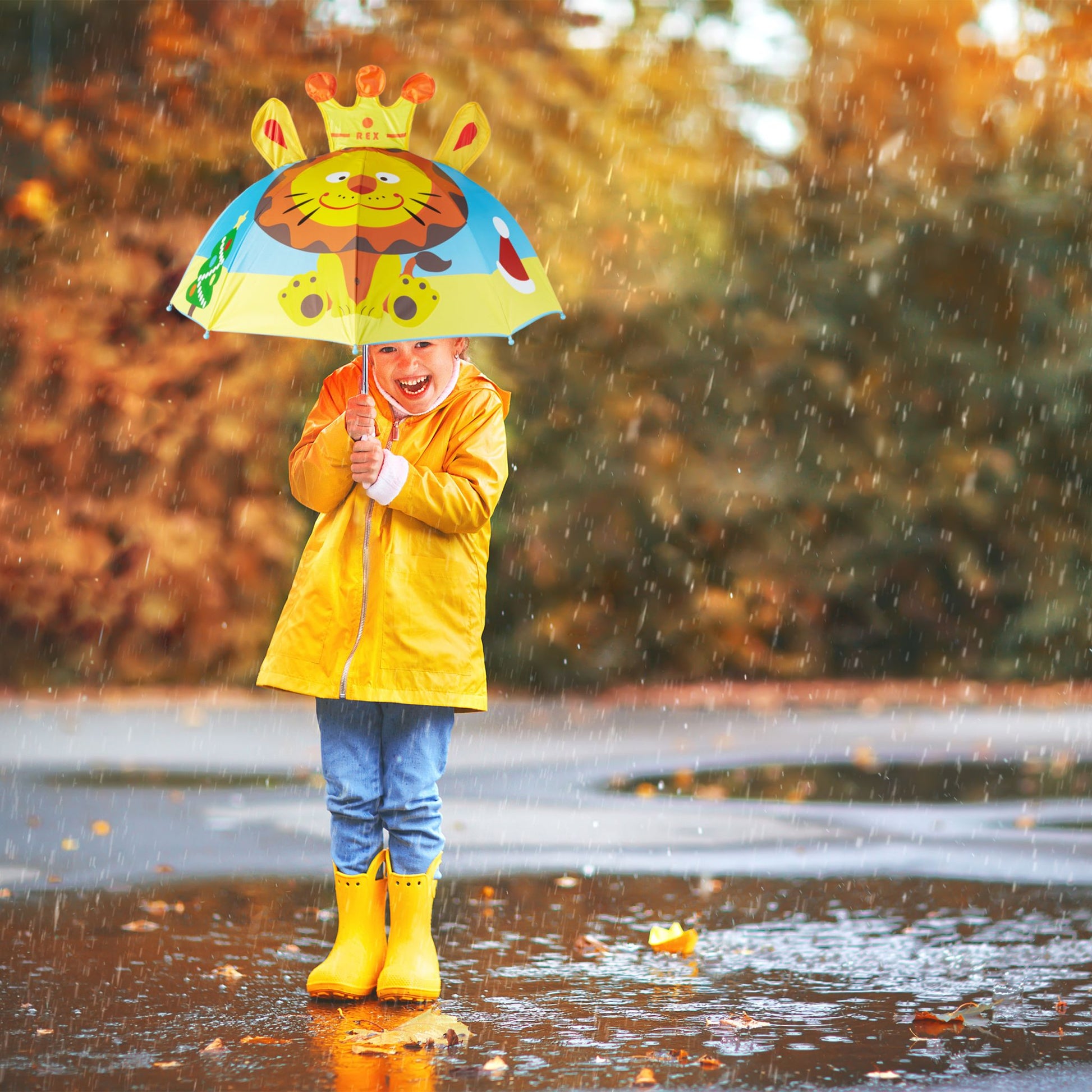 Kinderregenschirm mit 3D Motiv Gelb-Hellblau-Orange von Relaxdays