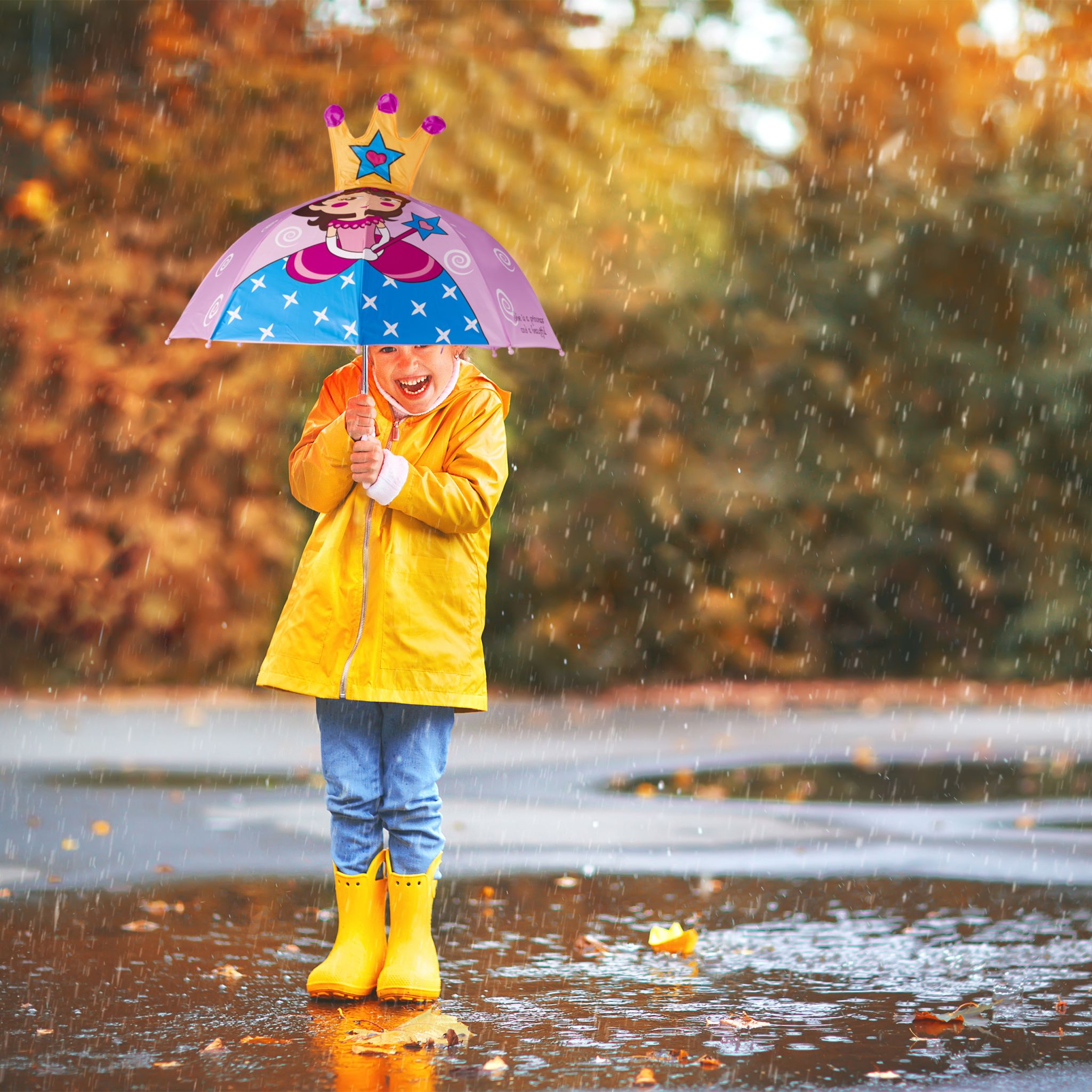 Kinderregenschirm mit 3D Motiv Gelb-Hellblau-Rosa von Relaxdays