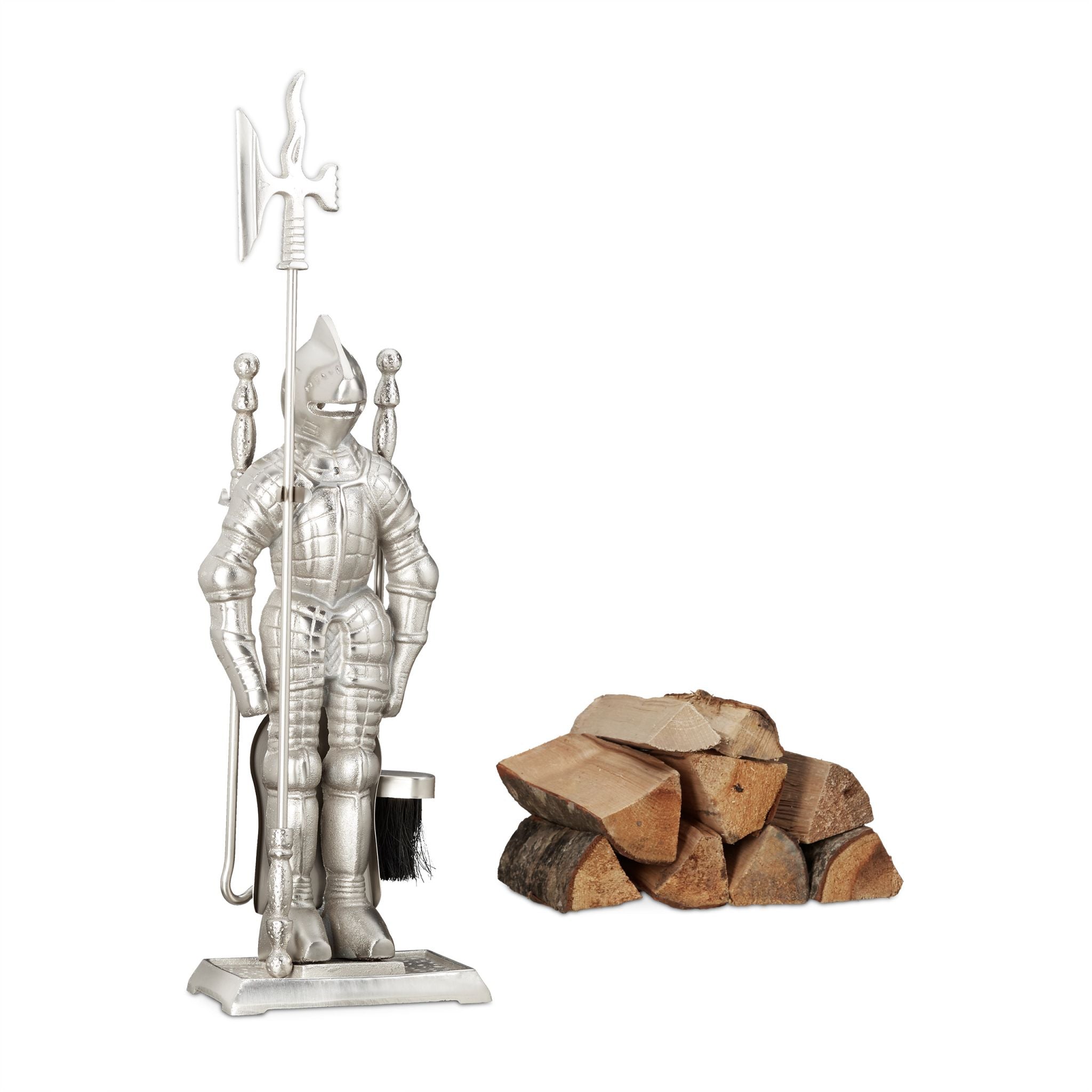 Kaminbesteck Ritter Gusseisen 4 teilig Schwarz-Silber von Relaxdays