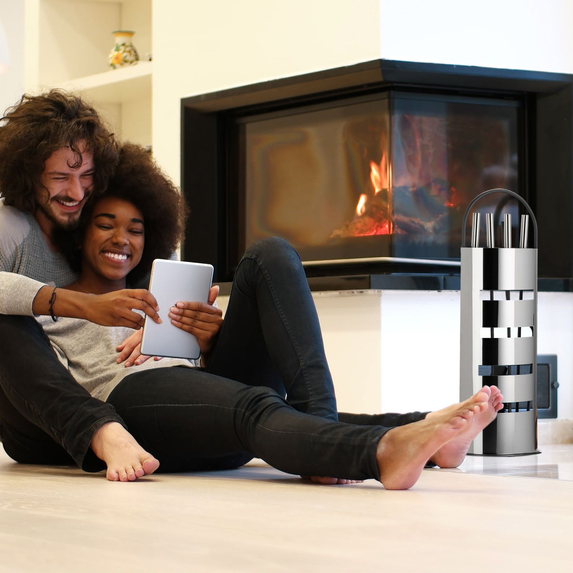 Kaminbesteck modern 5 teilig Schwarz-Silber von Relaxdays