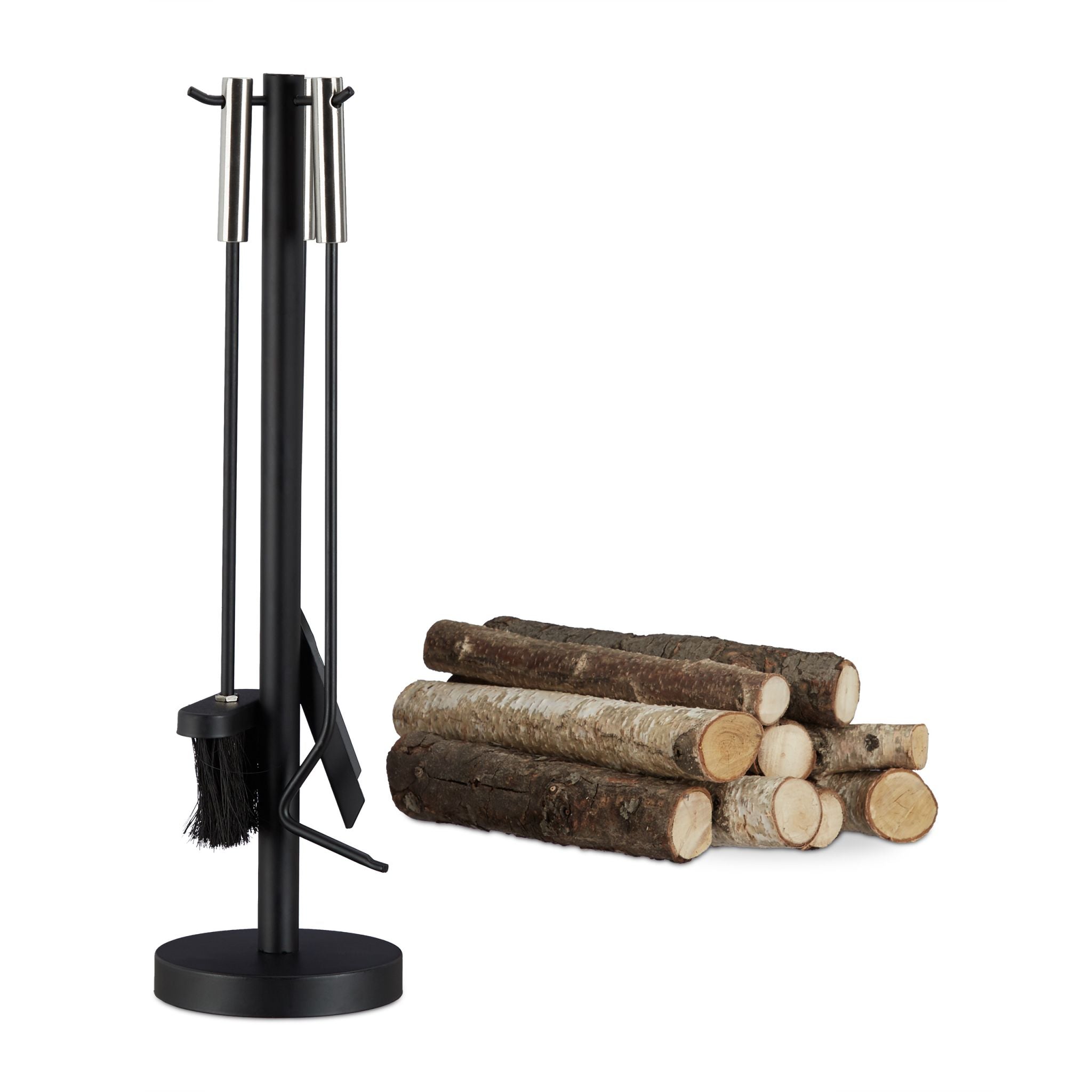 Kaminbesteck modern 4-teilig mit Ständer Schwarz-Silber von Relaxdays