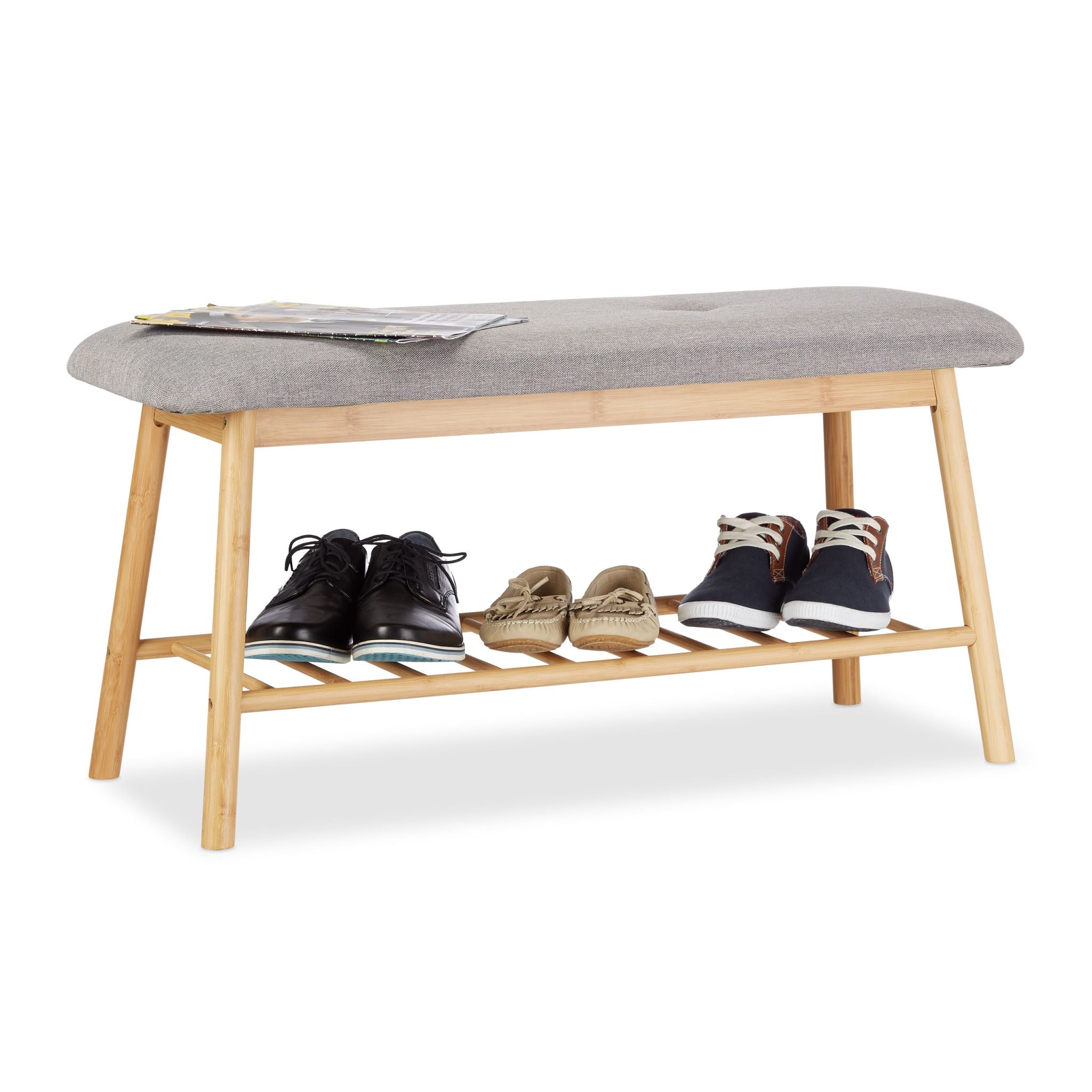Schuhbank Bambus mit Polster Hellbraun-Grau von Relaxdays