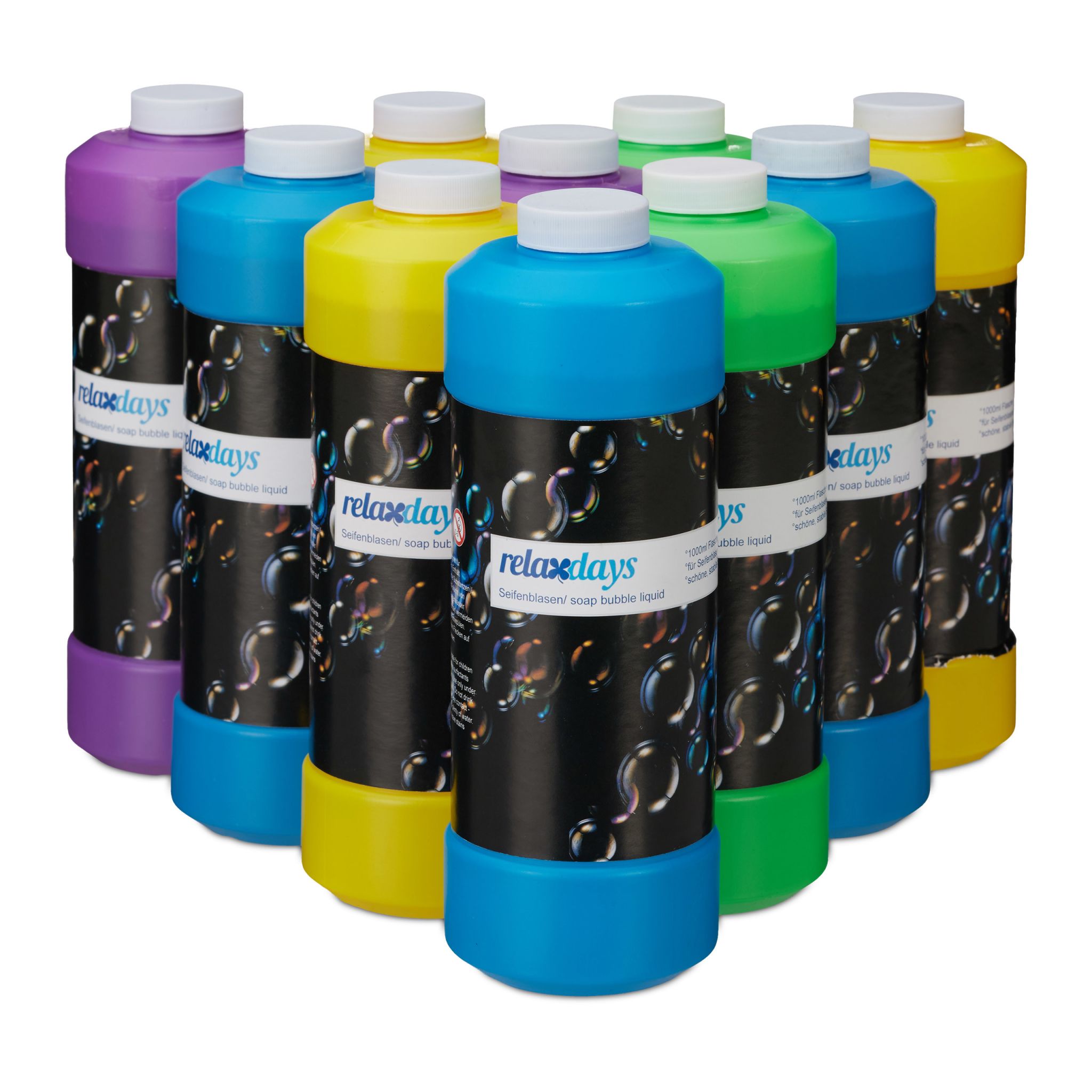 Seifenblasenflüssigkeit 1L Blau-Gelb-Grün von Relaxdays