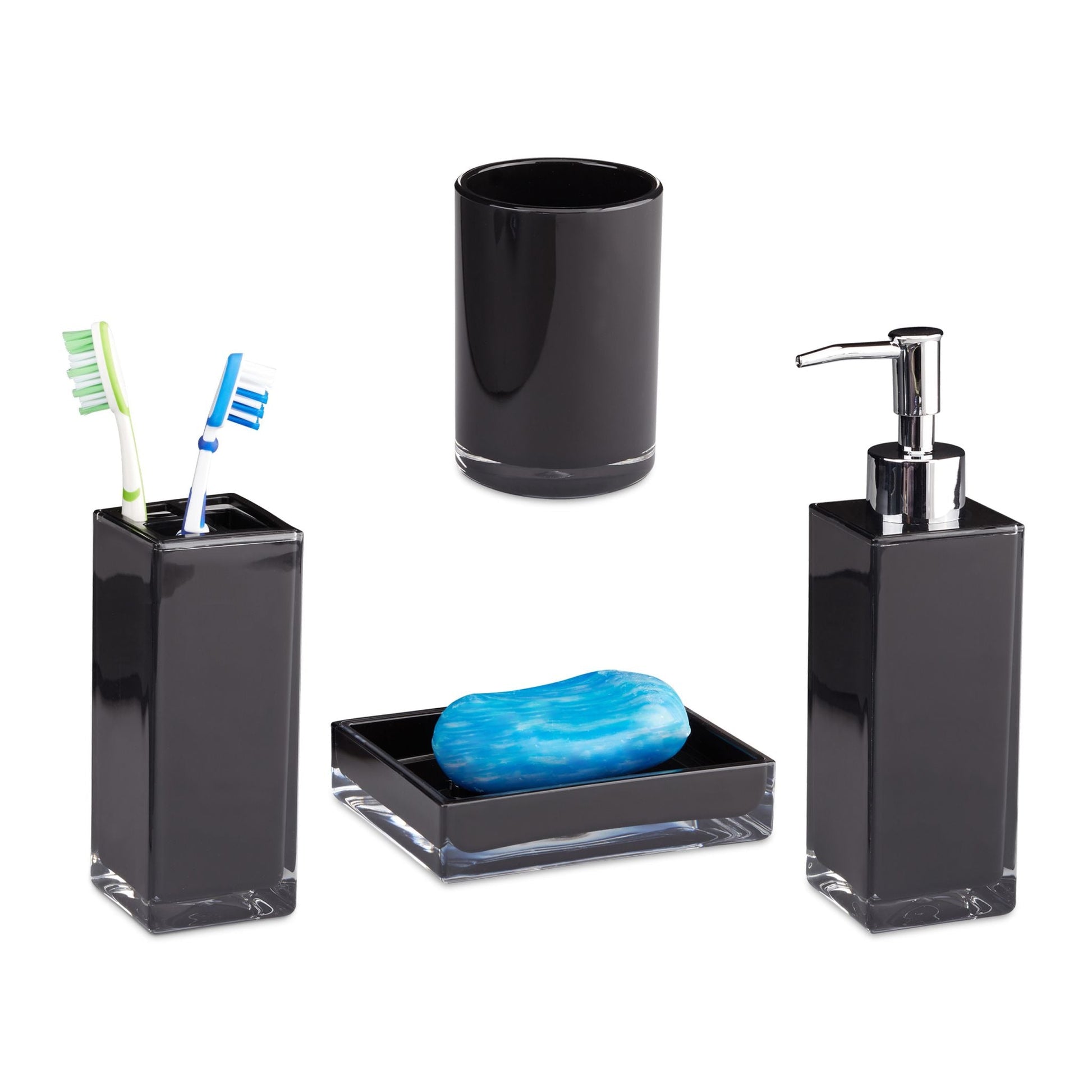 Badaccessoires Set 4-teilig Schwarz-Silber-Transparent von Relaxdays
