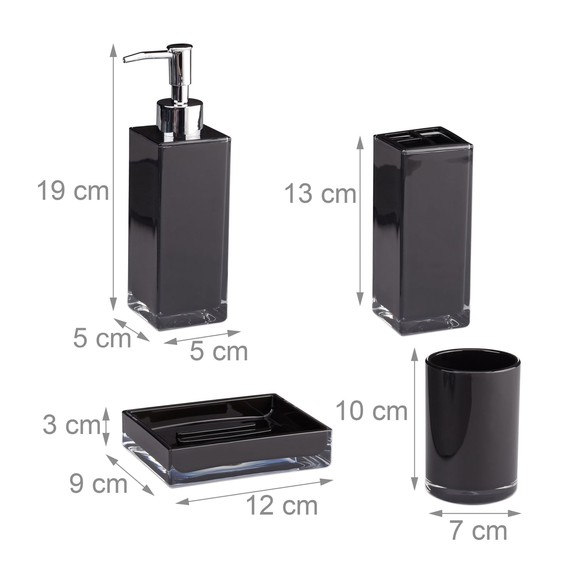 Badaccessoires Set 4-teilig Schwarz-Silber-Transparent von Relaxdays