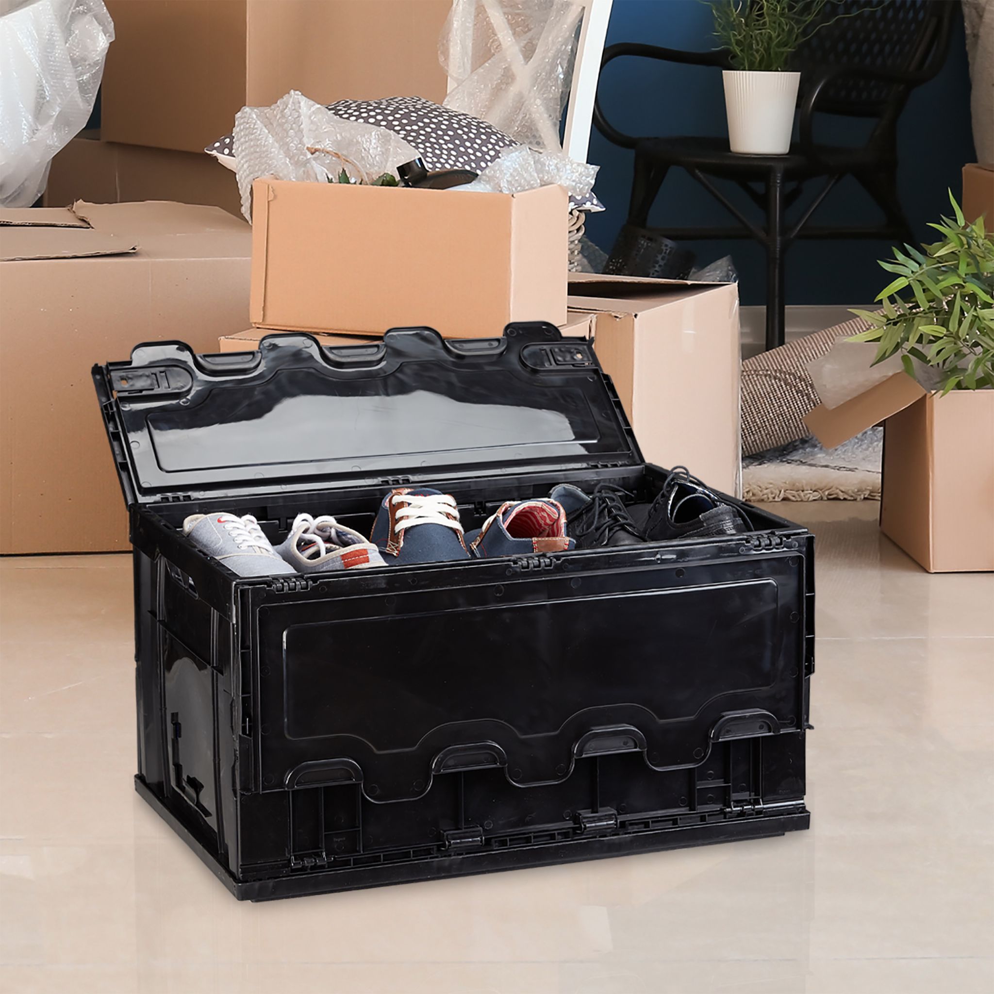 Transportbox 60L mit Deckel Schwarz von Relaxdays