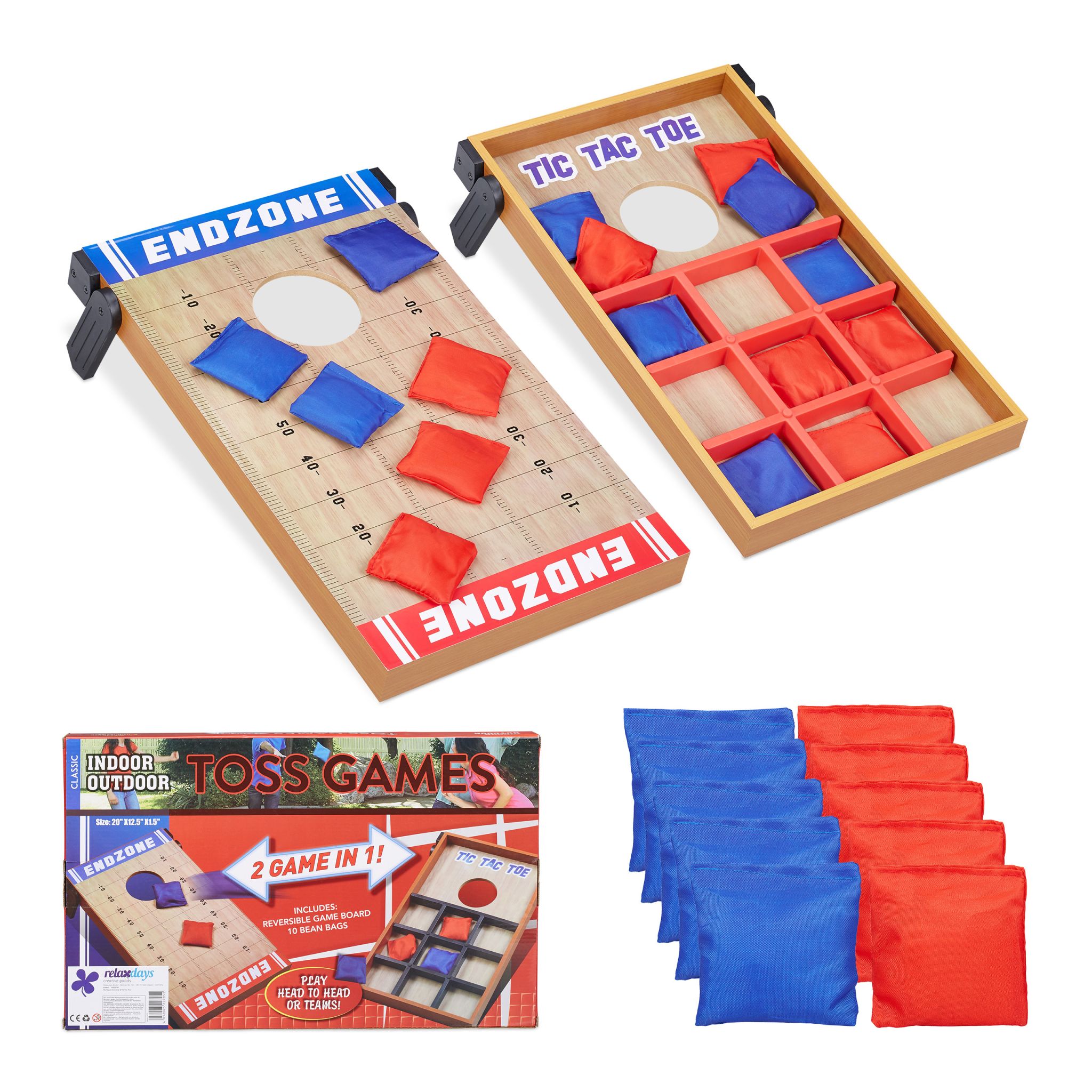 2 in 1 Wurfspiel Cornhole & Tic Tac Toe Blau-Hellbraun-Rot von Relaxdays