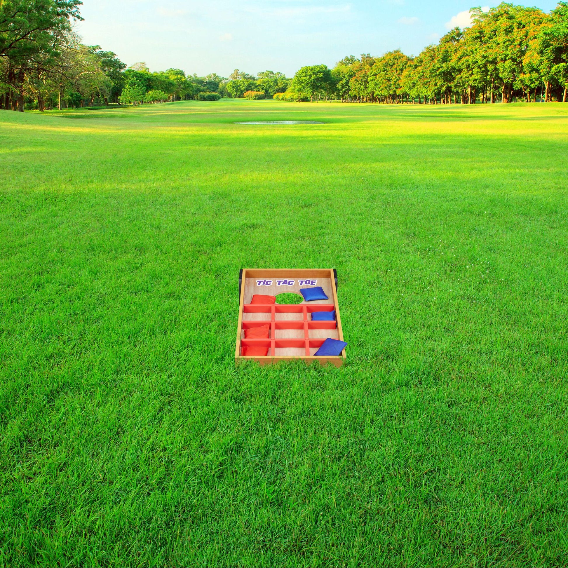 2 in 1 Wurfspiel Cornhole & Tic Tac Toe Blau-Hellbraun-Rot von Relaxdays