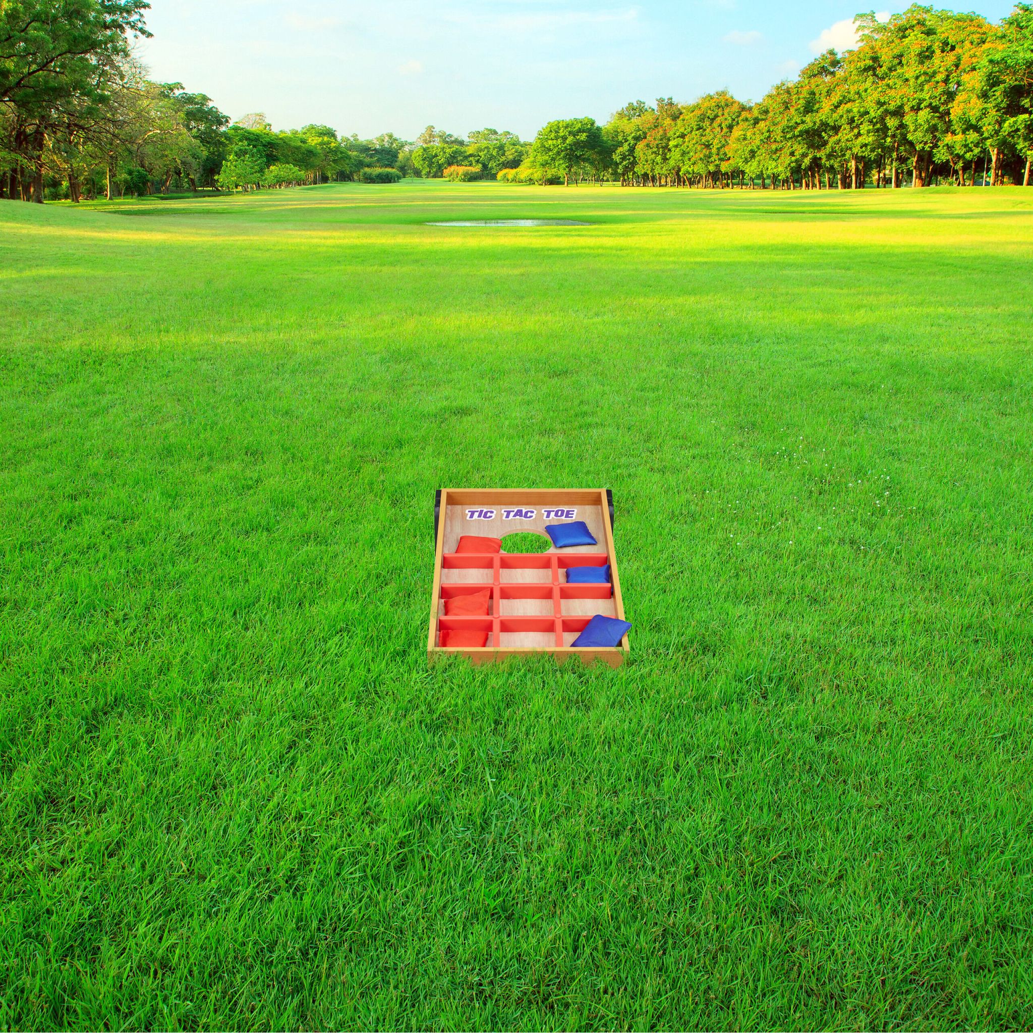 2 in 1 Wurfspiel Cornhole & Tic Tac Toe Blau-Hellbraun-Rot von Relaxdays