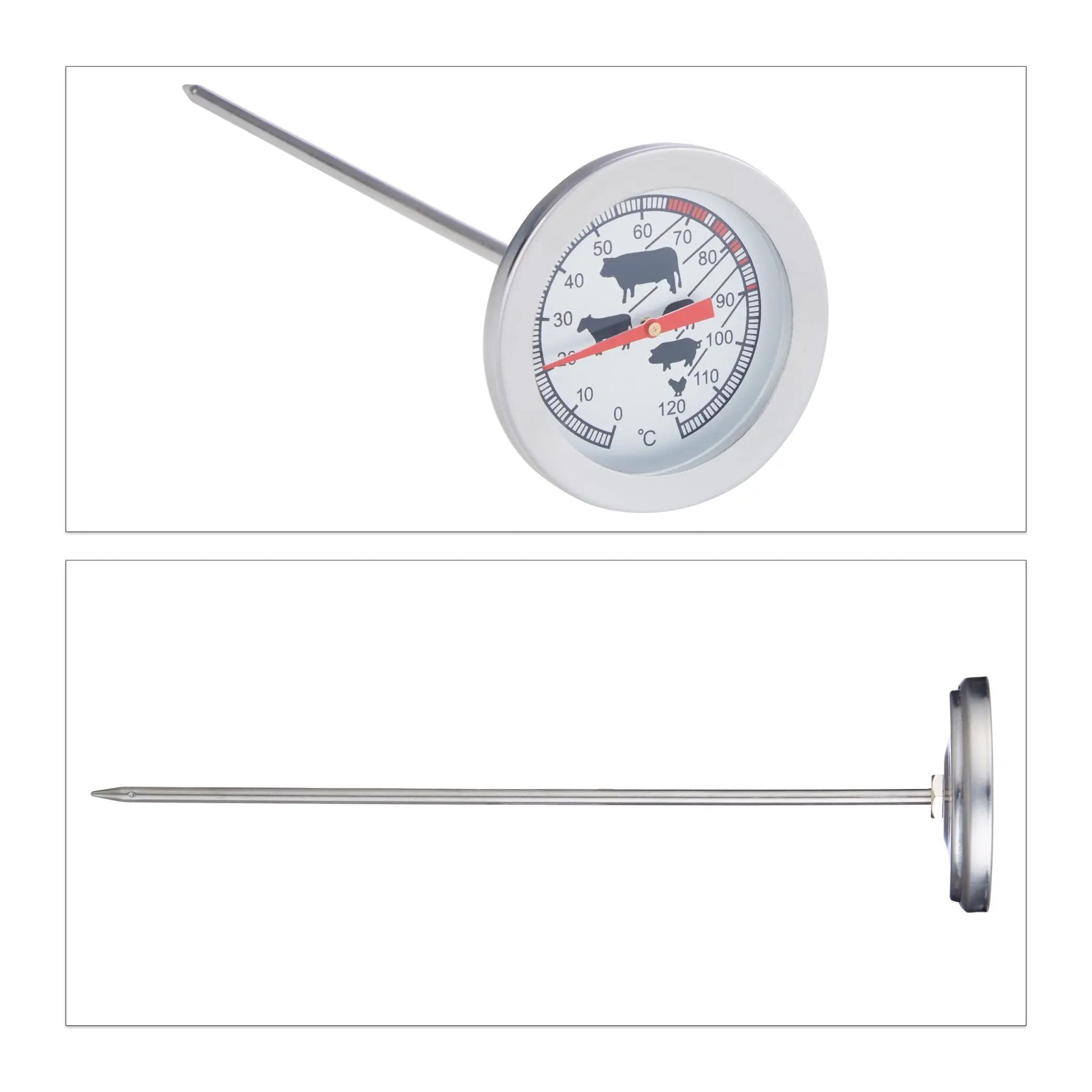 Analoges Edelstahl Einstichthermometer Dunkelgrün-Rot-Silber von Relaxdays