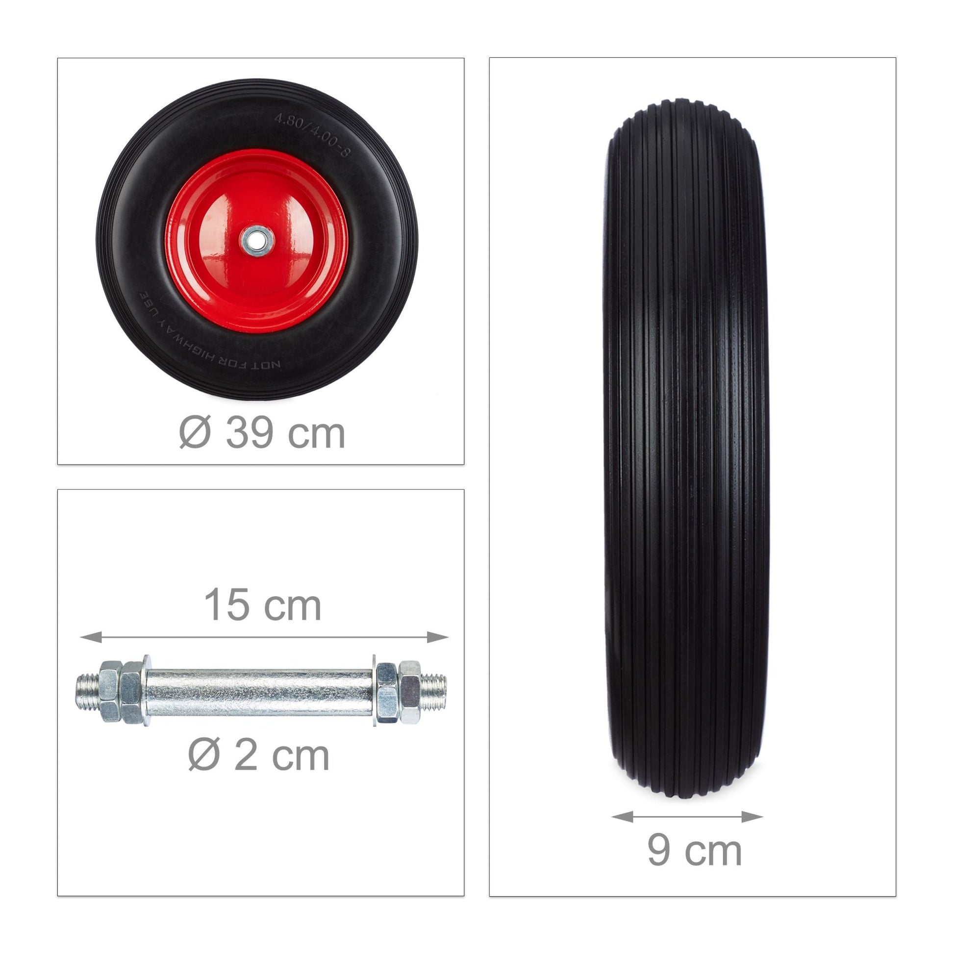 Schubkarrenrad Vollgummi mit Achse Rot-Schwarz von Relaxdays