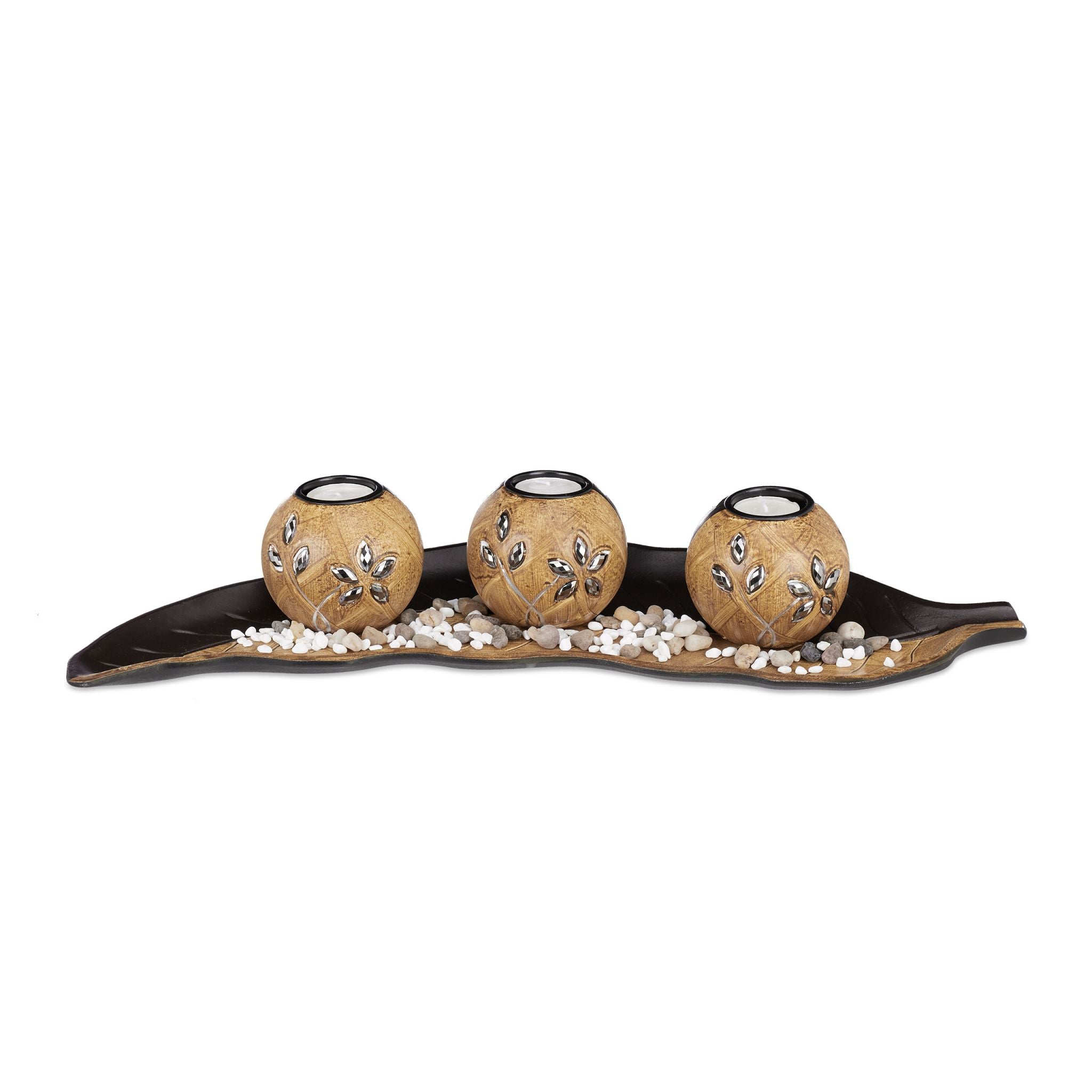 Teelichthalter-Set Blatt Weiss-Hellbraun-Schwarz von Relaxdays