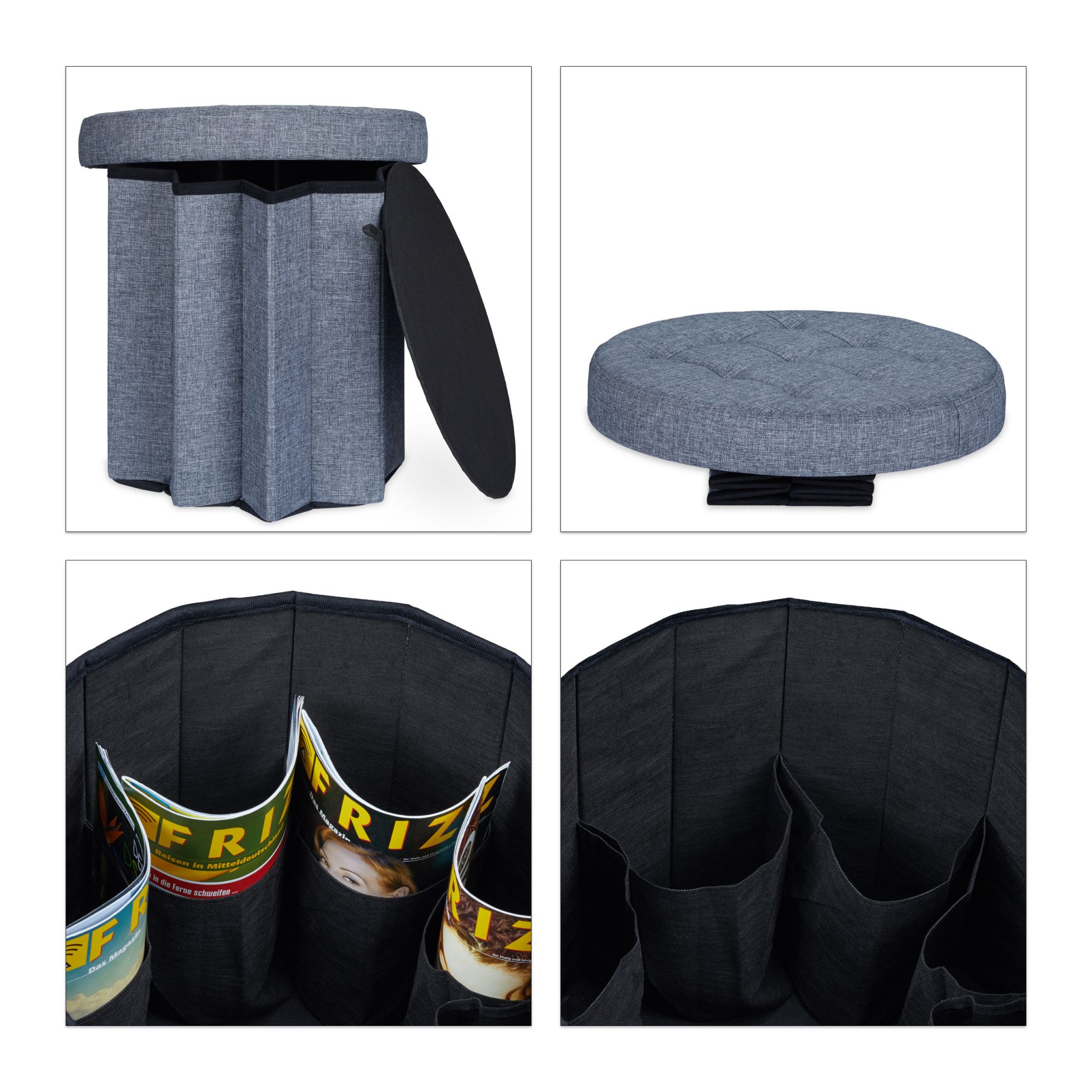 Sitzhocker mit Stauraum GrösseL rund Anthrazit von Relaxdays