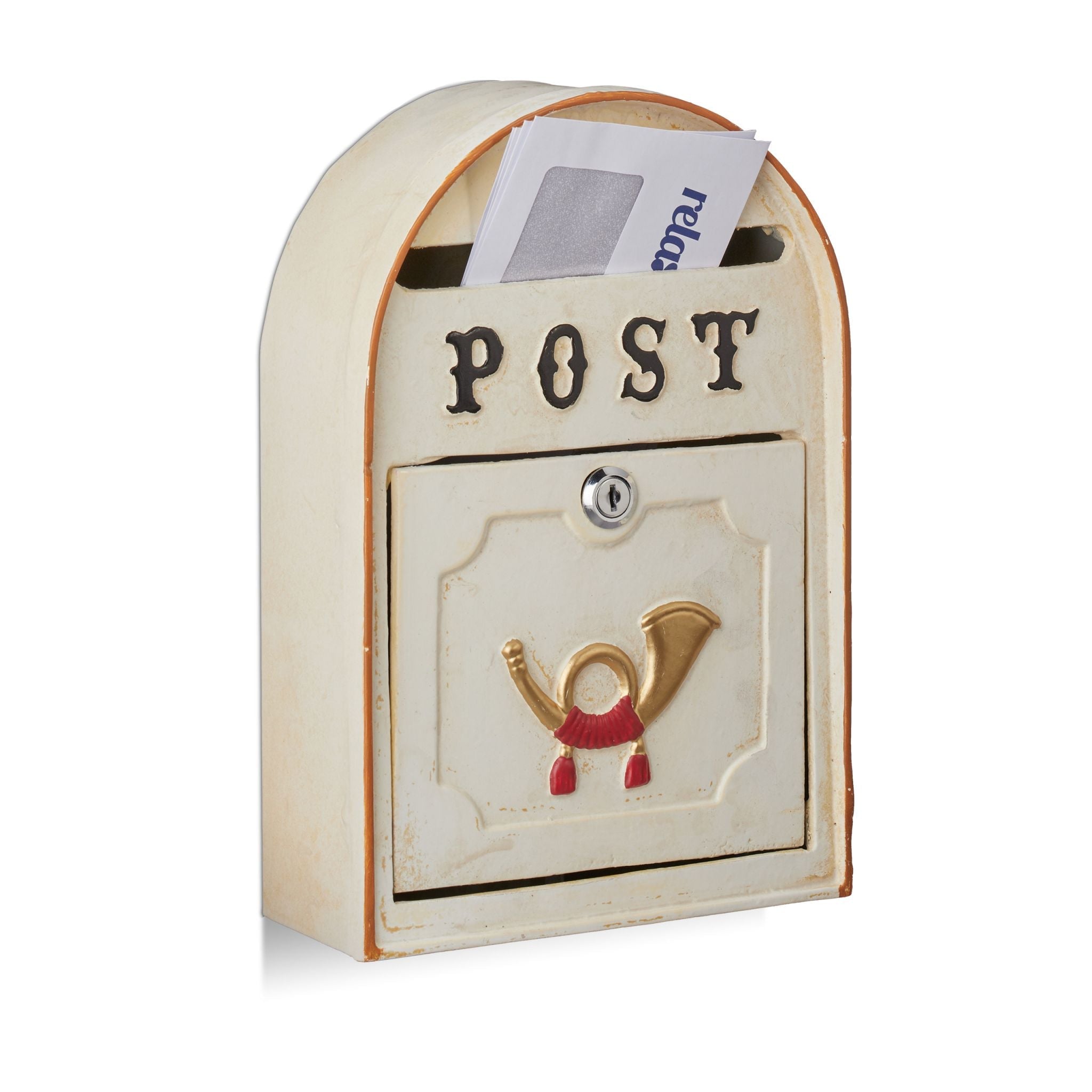 Briefkasten antik mit Posthorn Beige-Gold-Rot von Relaxdays