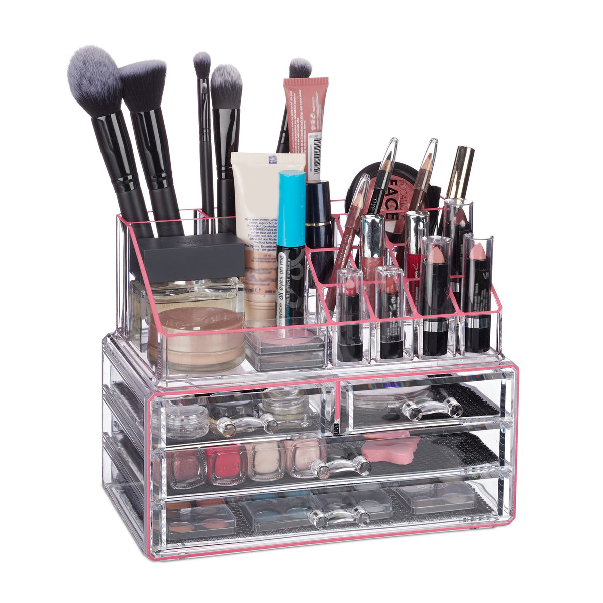 Make Up Organizer mit 4 Schubfächern Pink-Transparent von Relaxdays